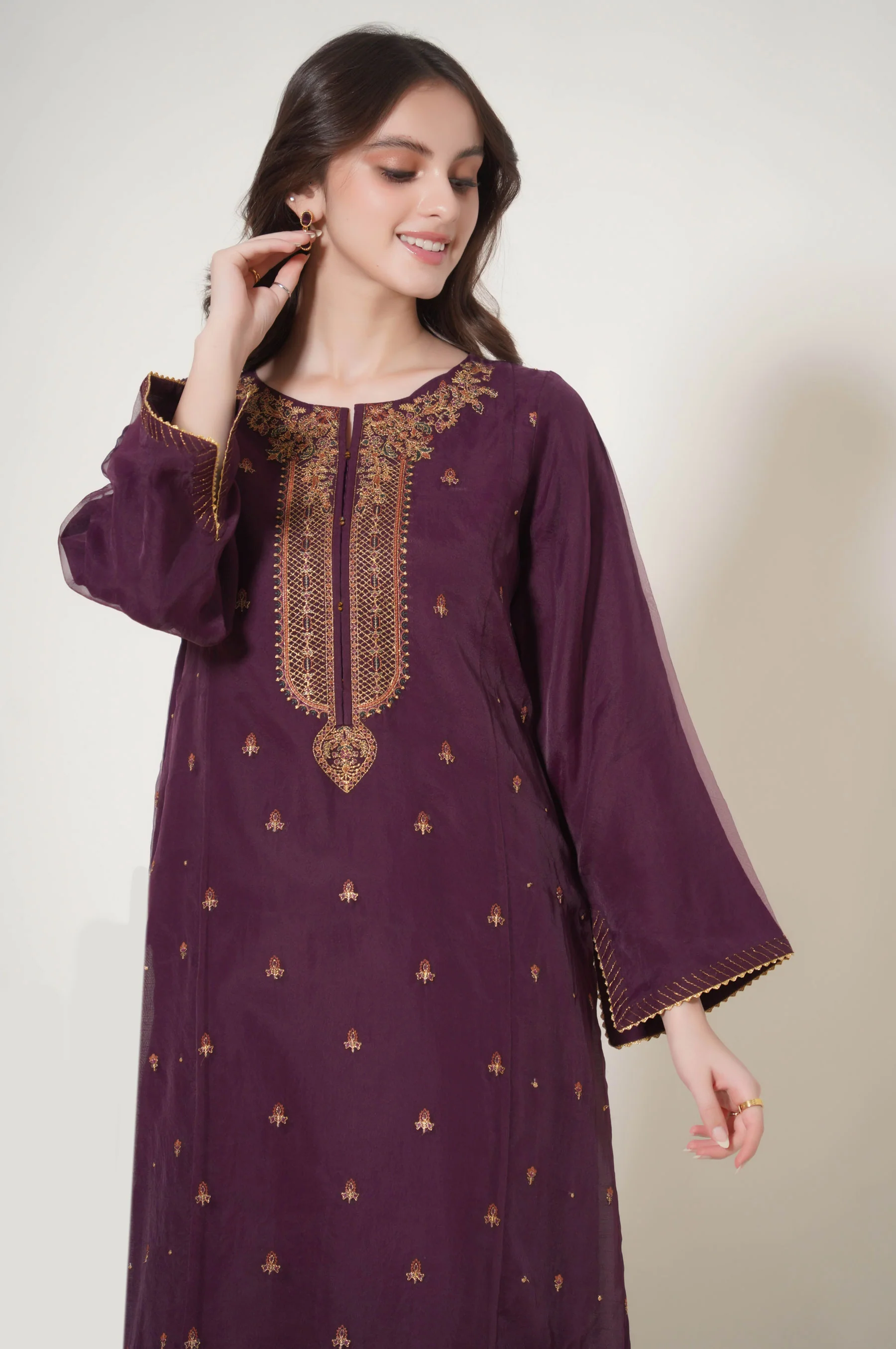 Stitched 2 Piece Embroidered Organza Outfit - Image 2