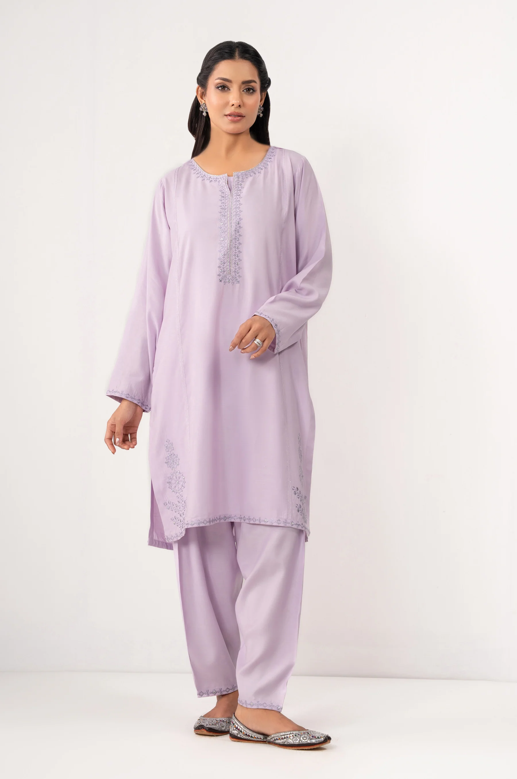STITCHED EMBROIDERED RAW SILK SHIRT BOTTOM