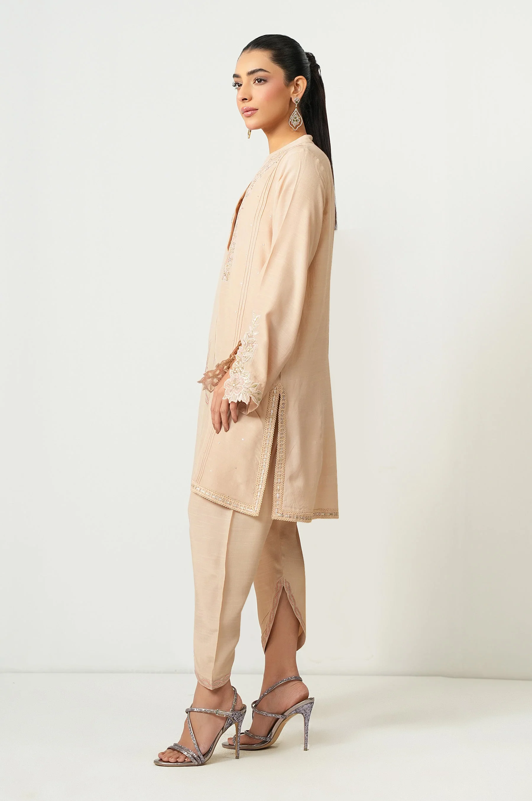 STITCHED EMBROIDERED RAW SILK SHIRT BOTTOM - Image 2