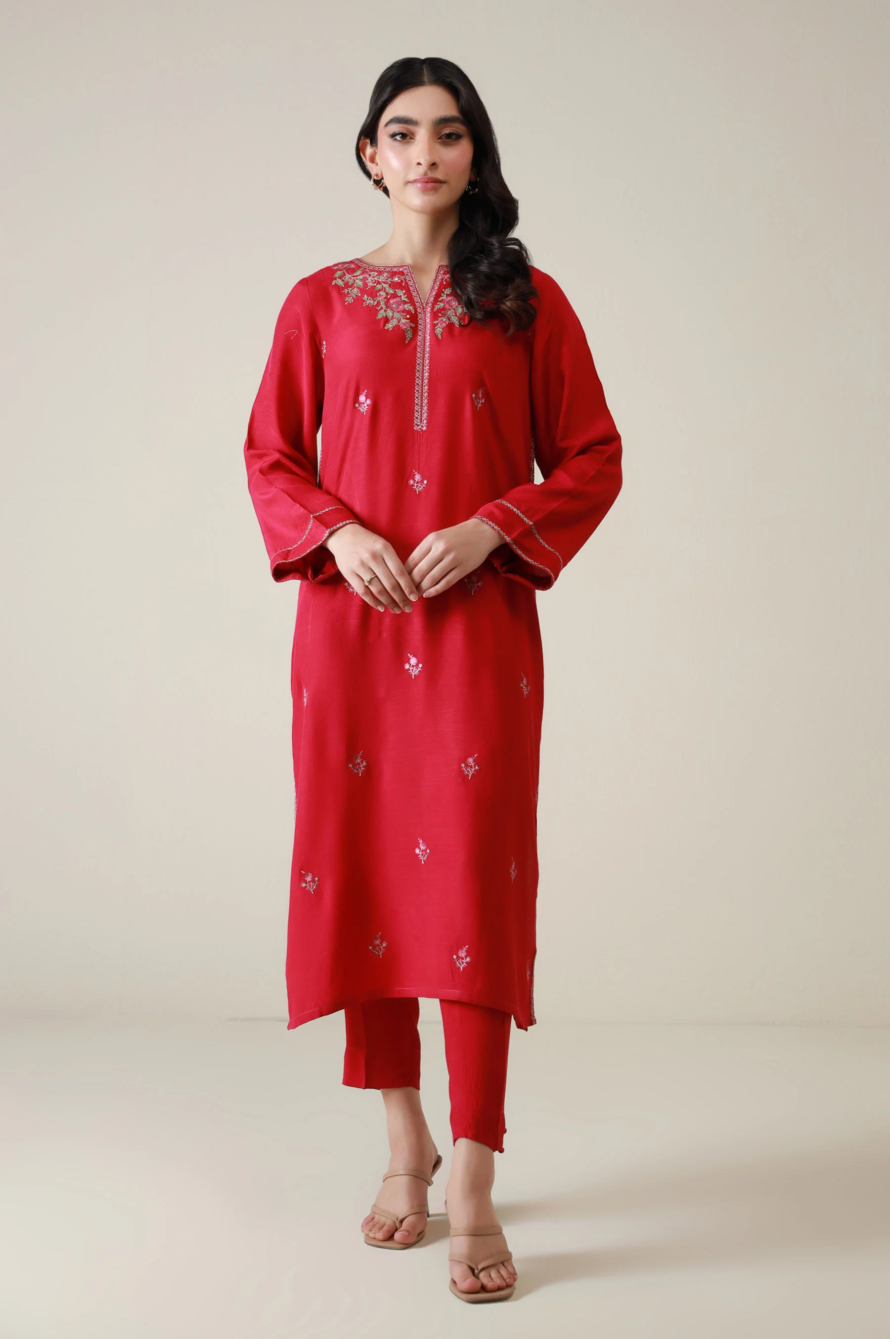 Stitched 2 Piece Embroidered Raw Silk Suit - Image 4