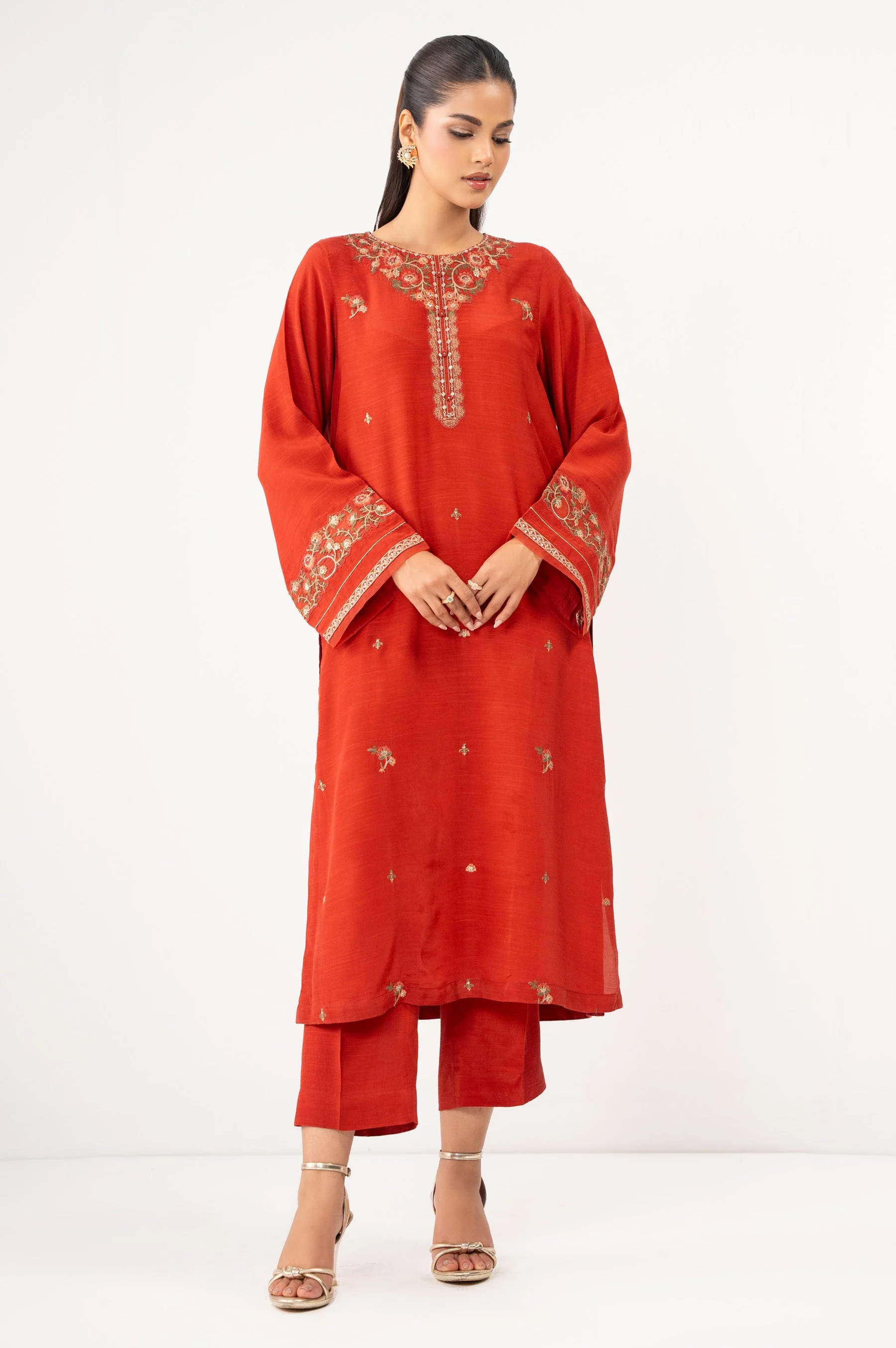 Stitched 2 Piece Embroidered Raw Silk Suit (FACTORY E-OUTLET)