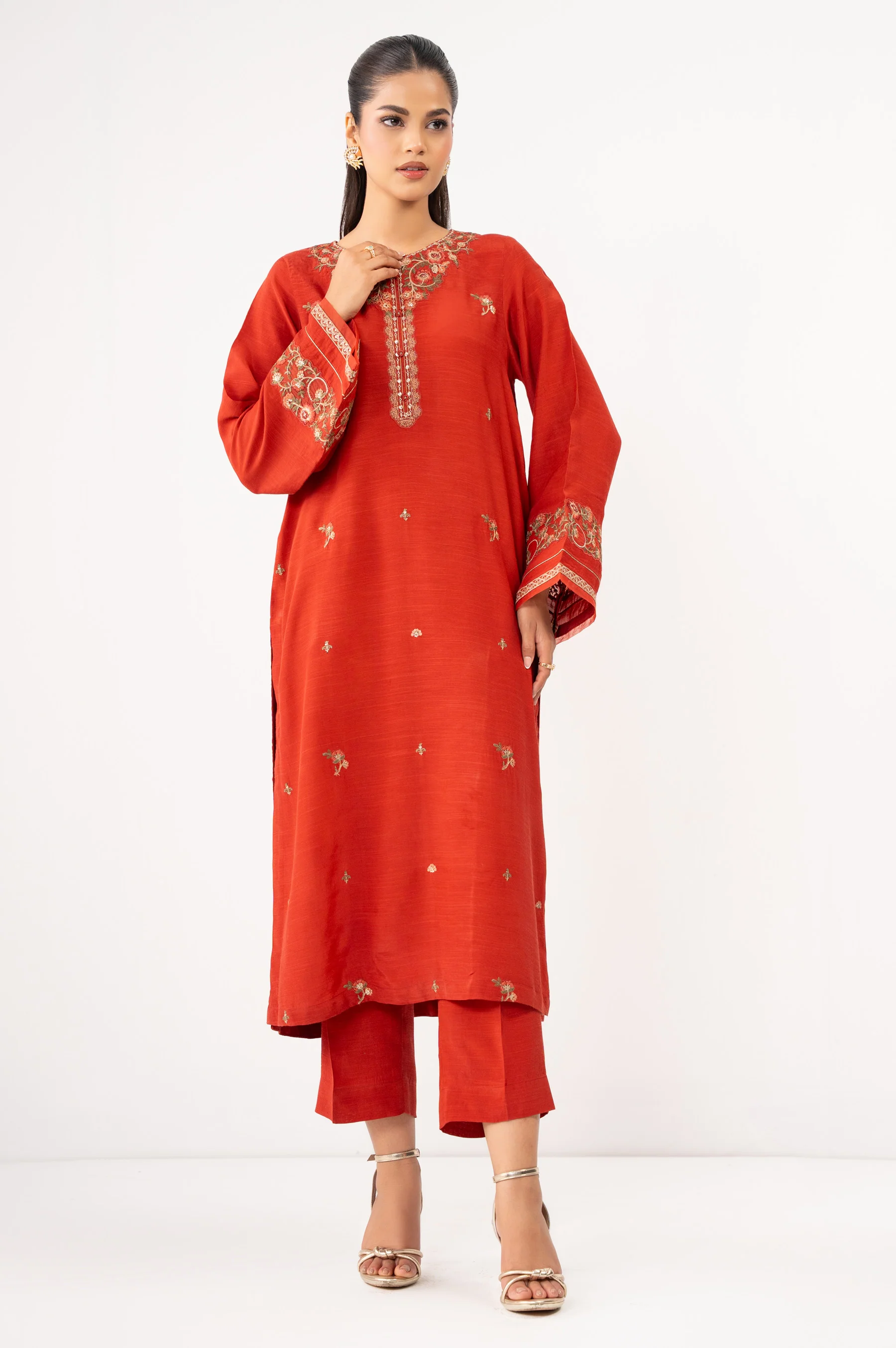 Stitched 2 Piece Embroidered Raw Silk Suit - Image 6