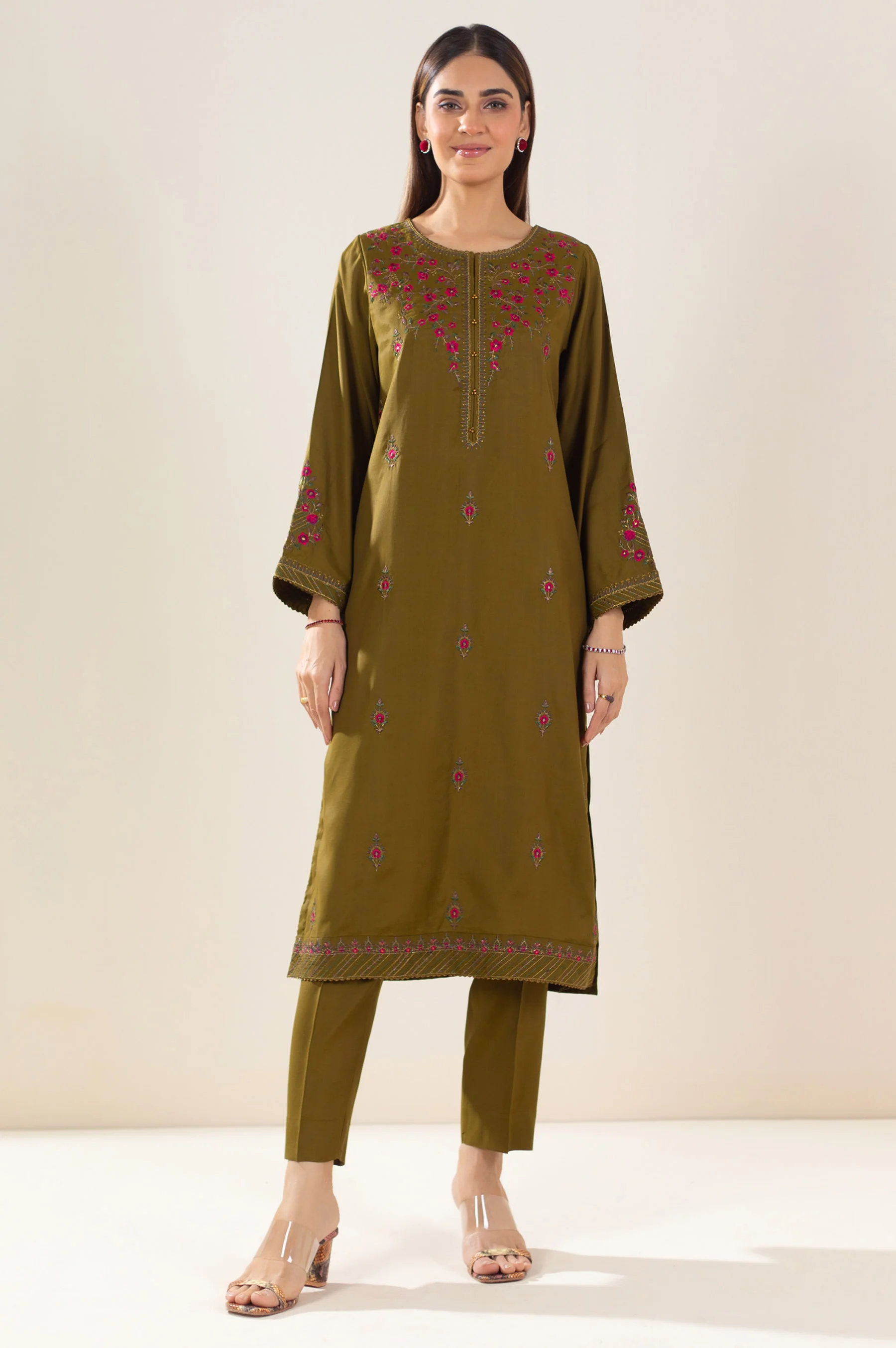 Stitched 2 Piece Embroidered Raw Silk Outfit - Image 2