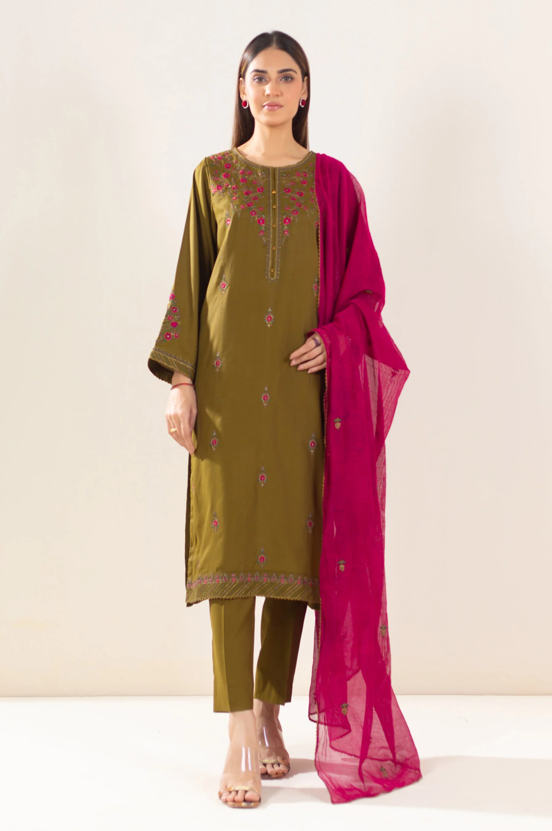 Stitched 2 Piece Embroidered Raw Silk Outfit - Image 3