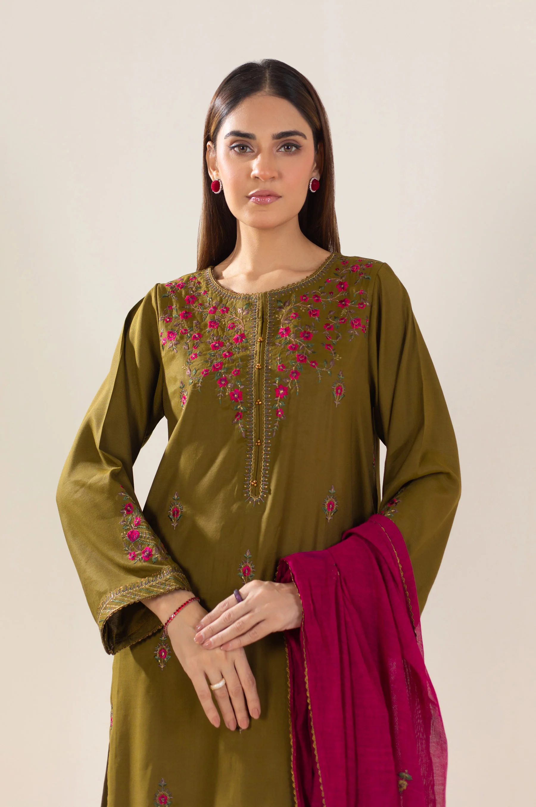 Stitched 2 Piece Embroidered Raw Silk Outfit - Image 5