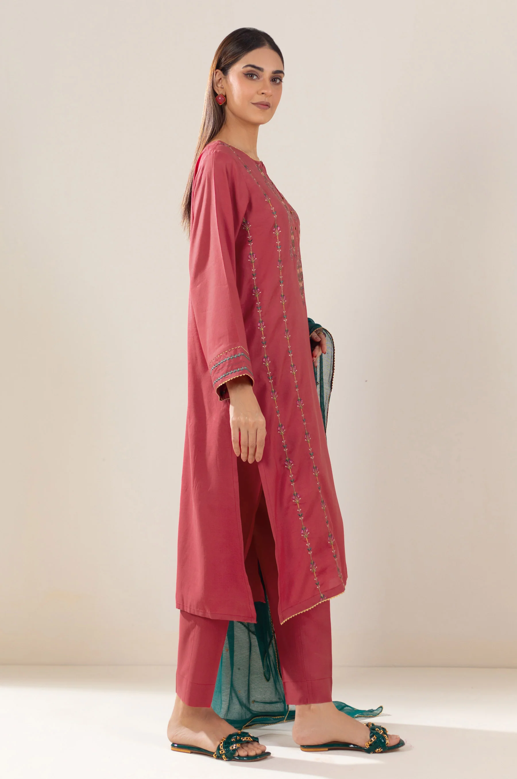 Stitched 2 Piece Embroidered Raw Silk Outfit - Image 3