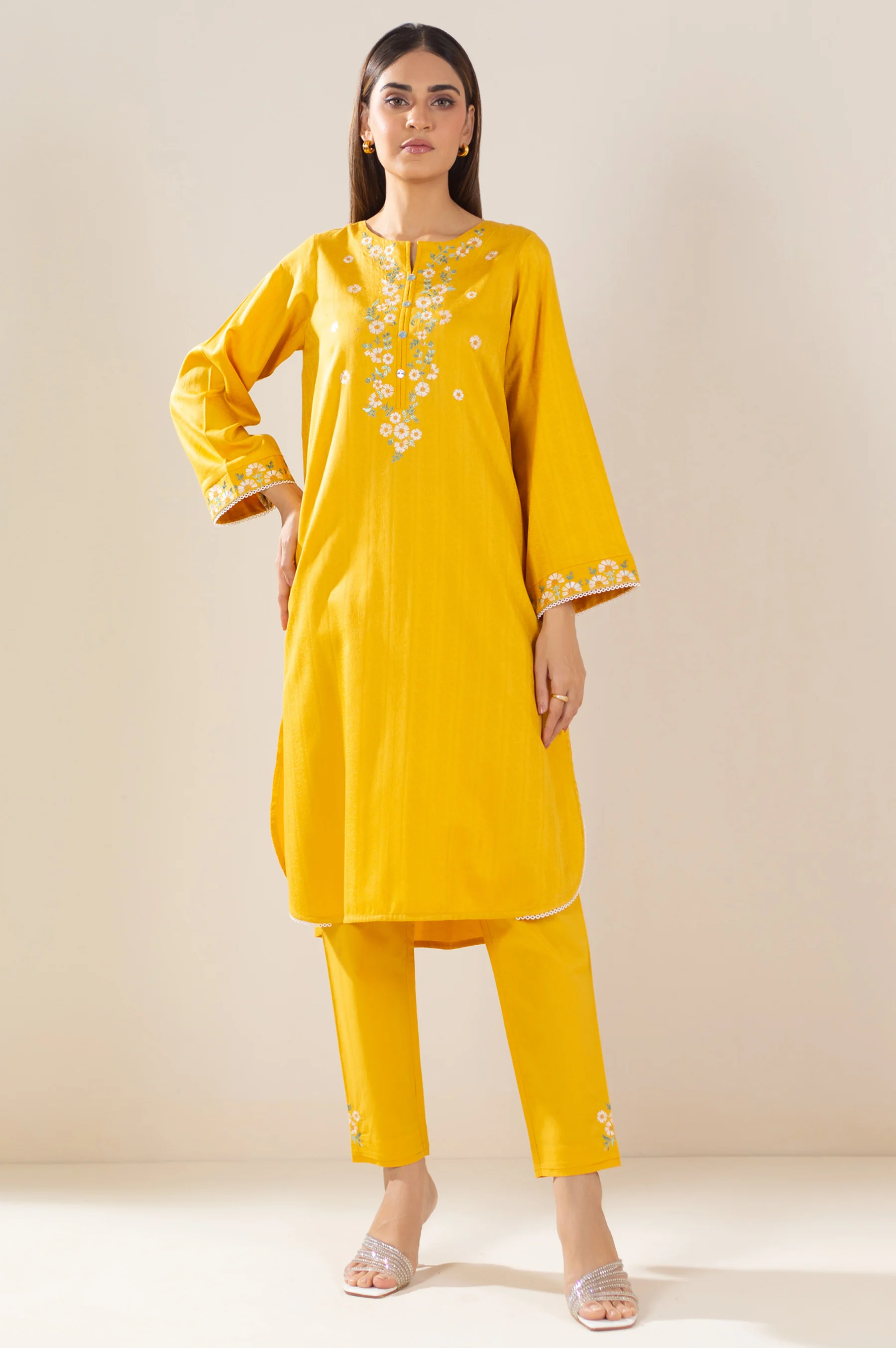 Stitched 2 Piece Embroidered Satin Jacquard Suit - Image 2