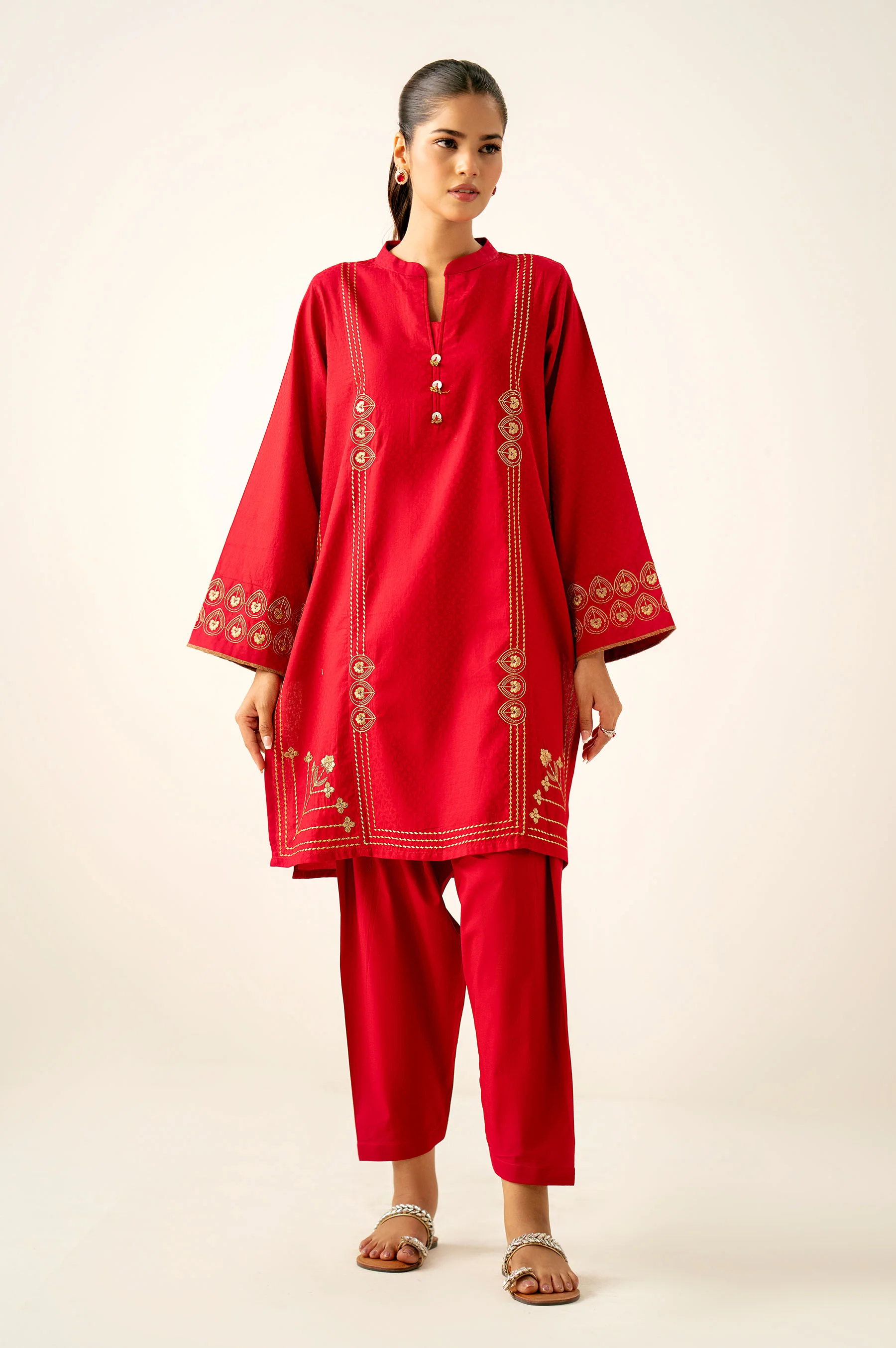 Stitched 2 Piece Embroidered Satin Jacquard Suit - Image 5