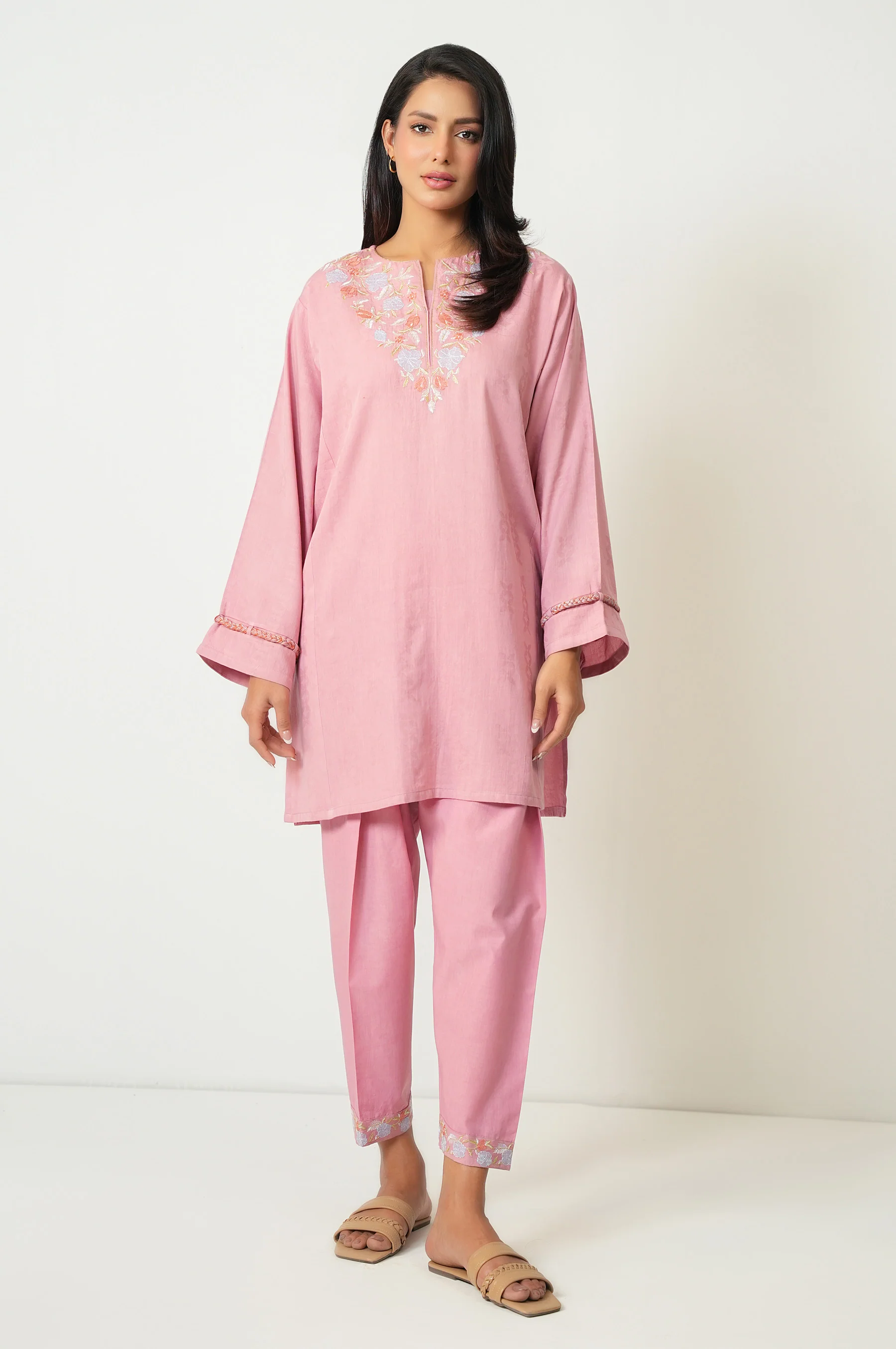 Stitched 2 Piece Embroidered Satin Jacquard Suit - Image 2