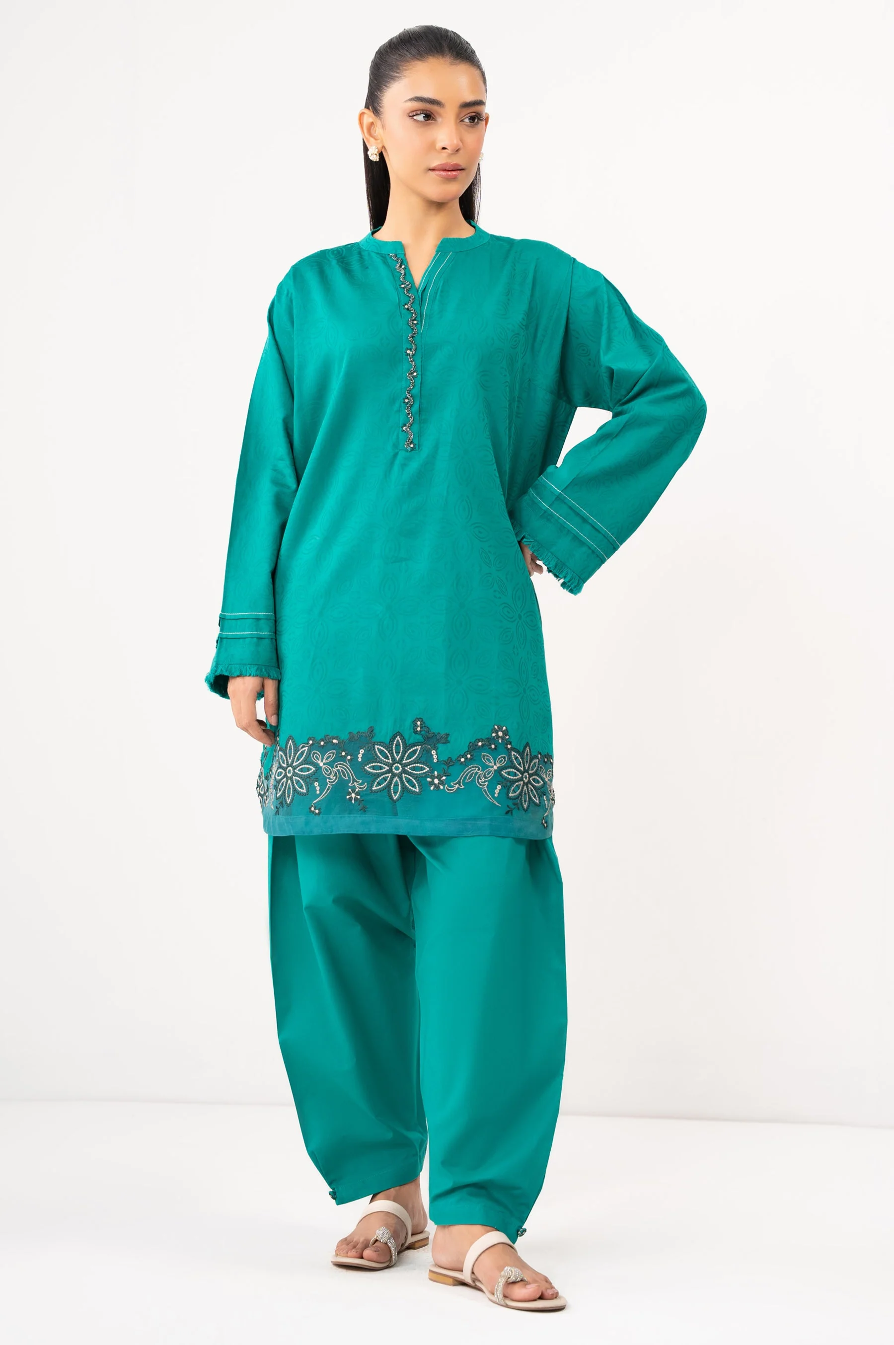 STITCHED EMBROIDERED SATIN JACQUARD SHIRT BOTTOM (FACTORY E-OUTLET) - Image 3