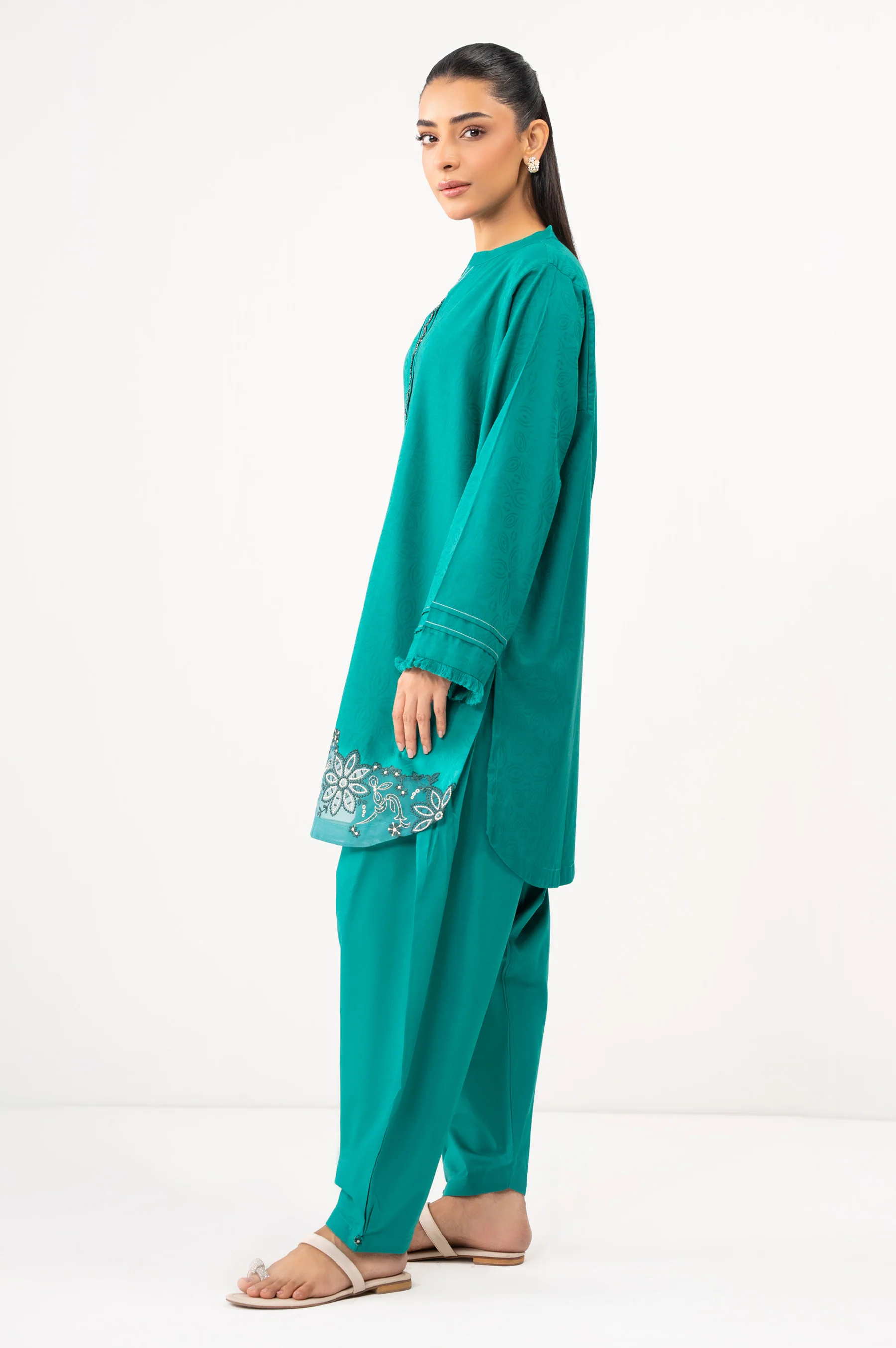 STITCHED EMBROIDERED SATIN JACQUARD SHIRT BOTTOM - Image 5