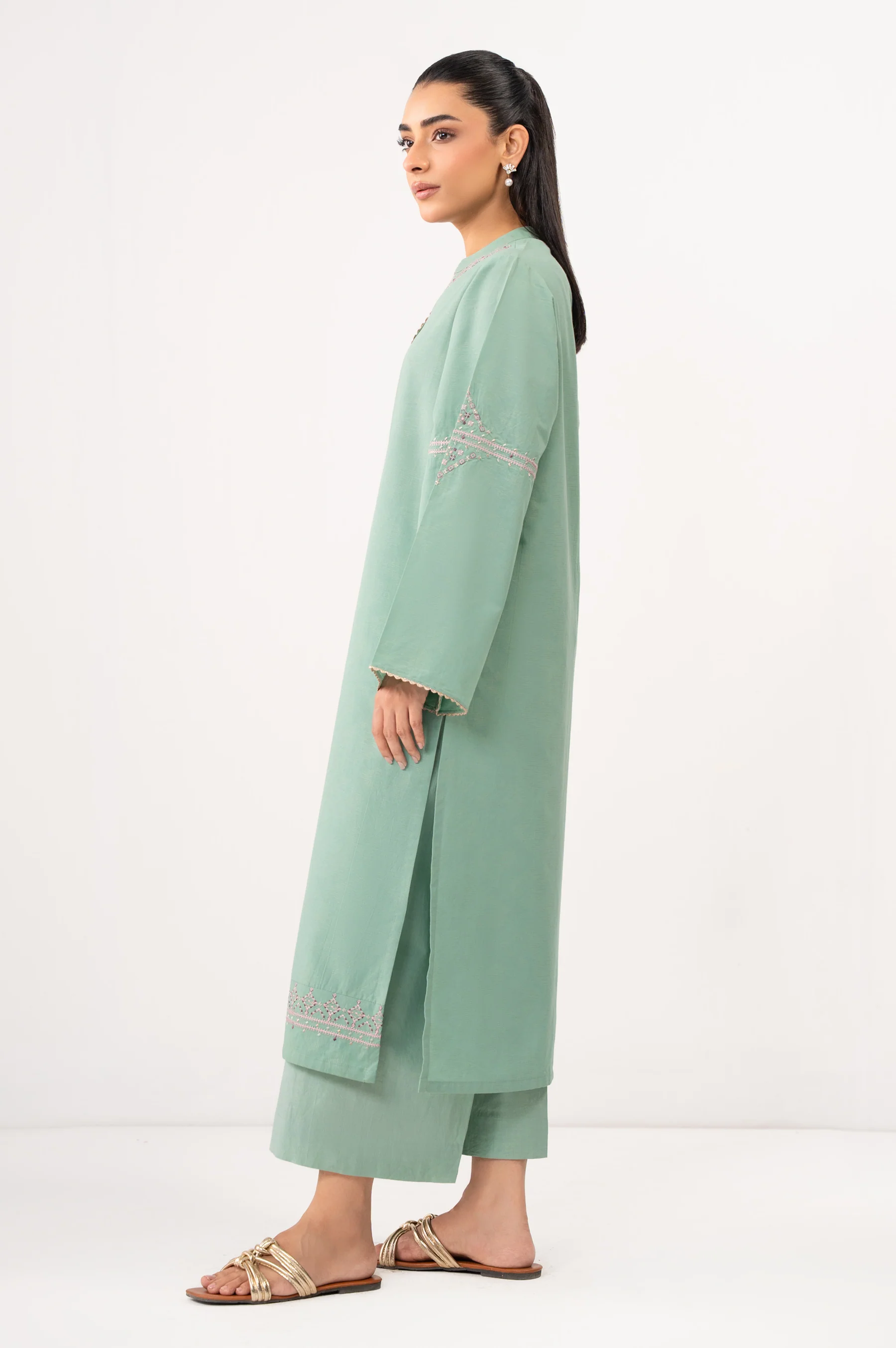 STITCHED EMBROIDERED SATIN JACQUARD SHIRT BOTTOM - Image 3
