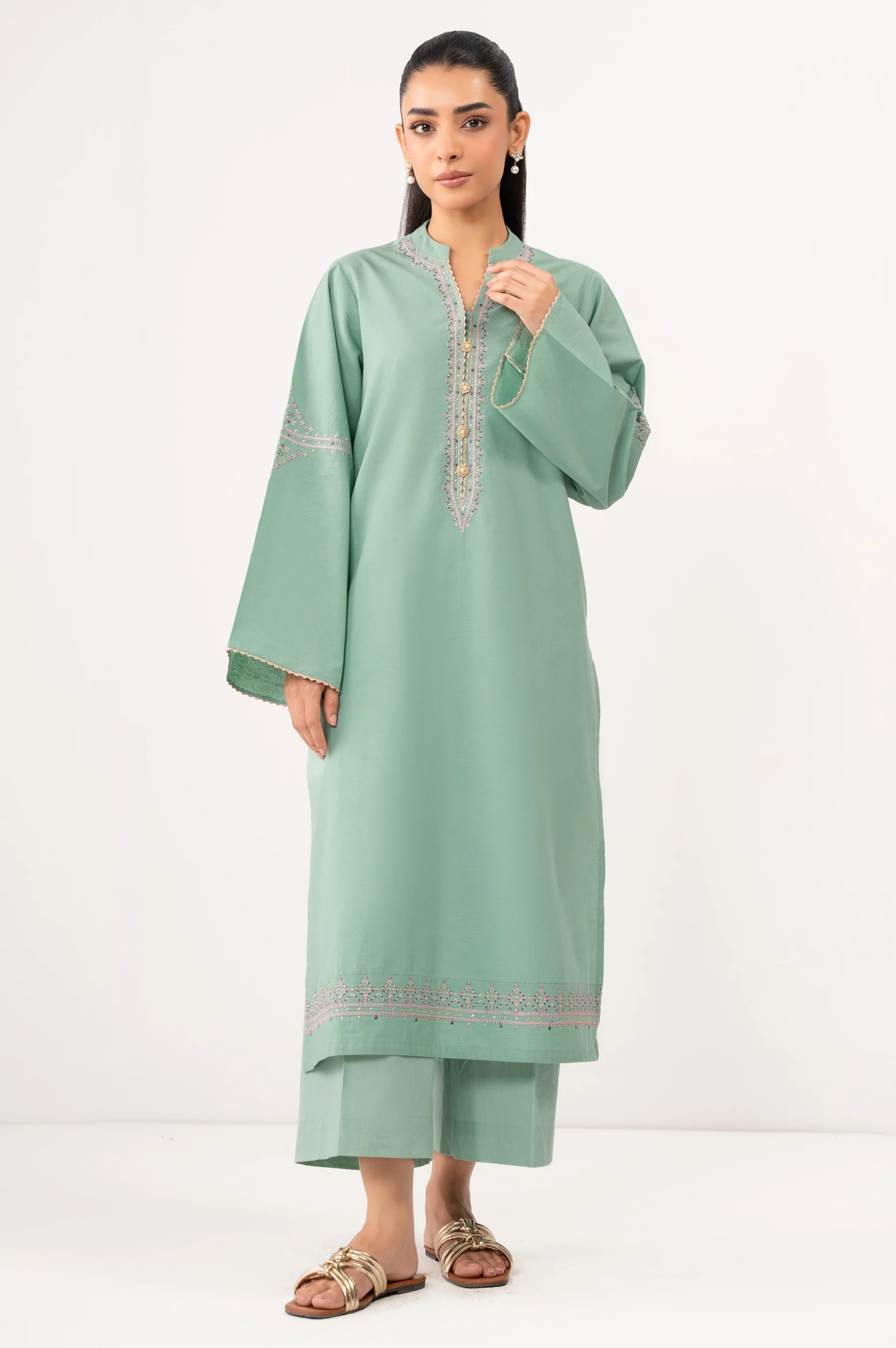 STITCHED EMBROIDERED SATIN JACQUARD SHIRT BOTTOM - Image 5
