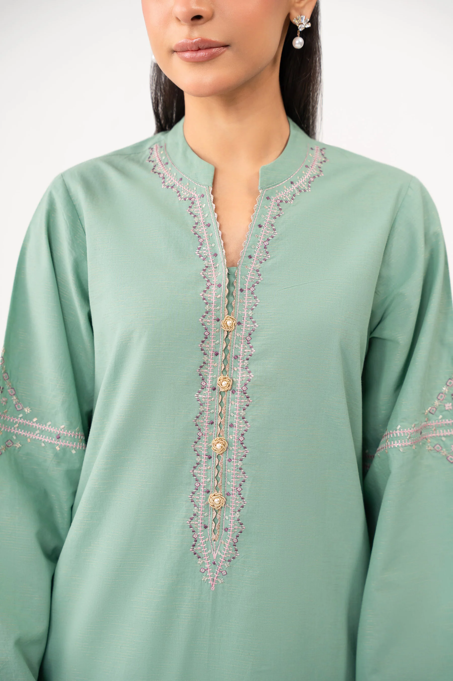 STITCHED EMBROIDERED SATIN JACQUARD SHIRT BOTTOM - Image 6
