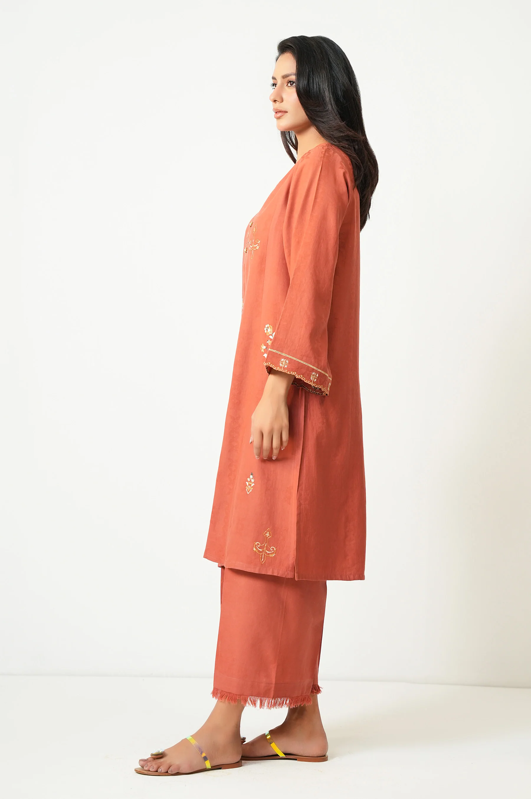 STITCHED EMBROIDERED SATIN JACQUARD SHIRT BOTTOM - Image 3