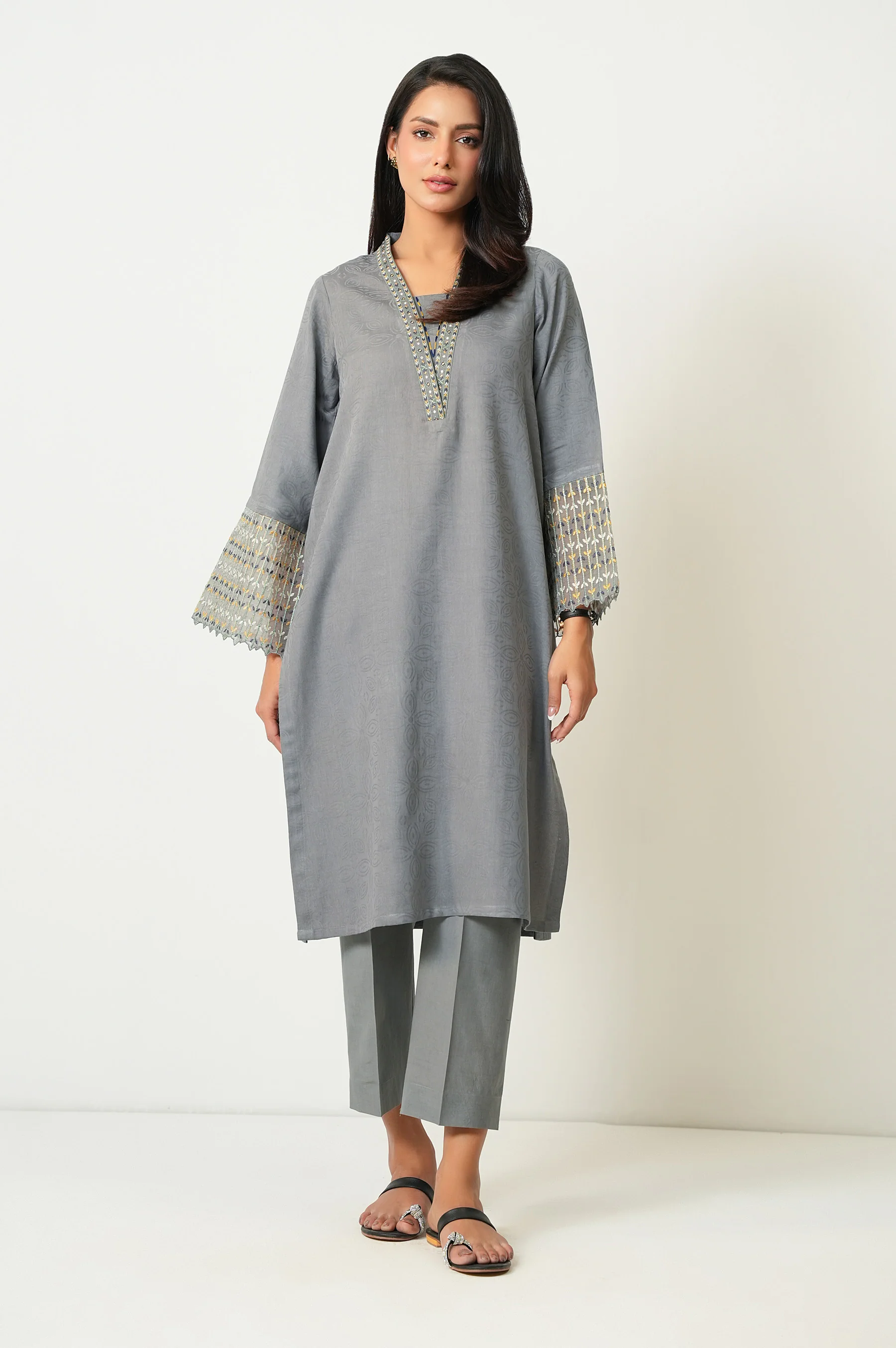 STITCHED EMBROIDERED SATIN JACQUARD SHIRT BOTTOM