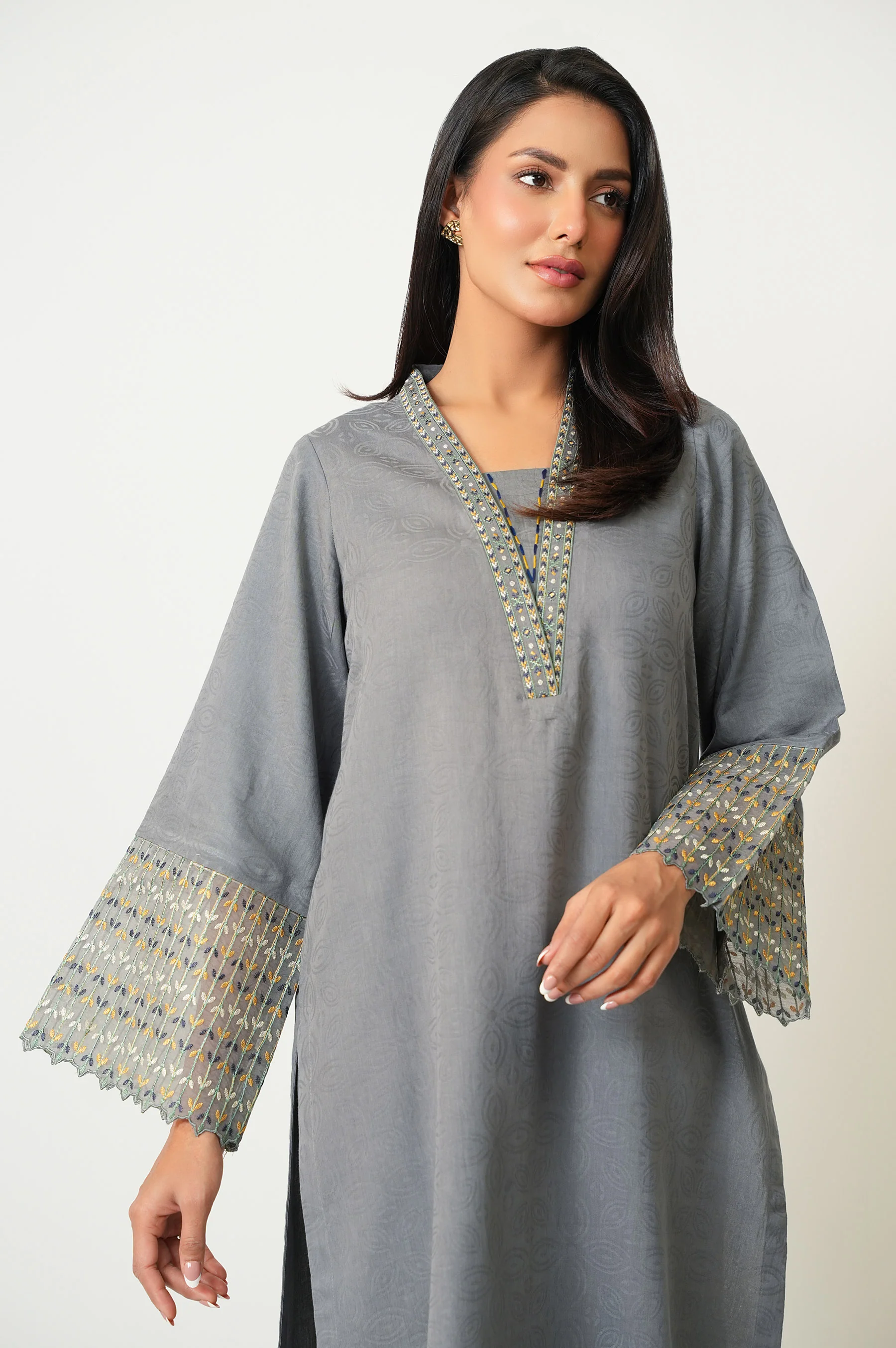 STITCHED EMBROIDERED SATIN JACQUARD SHIRT BOTTOM - Image 5