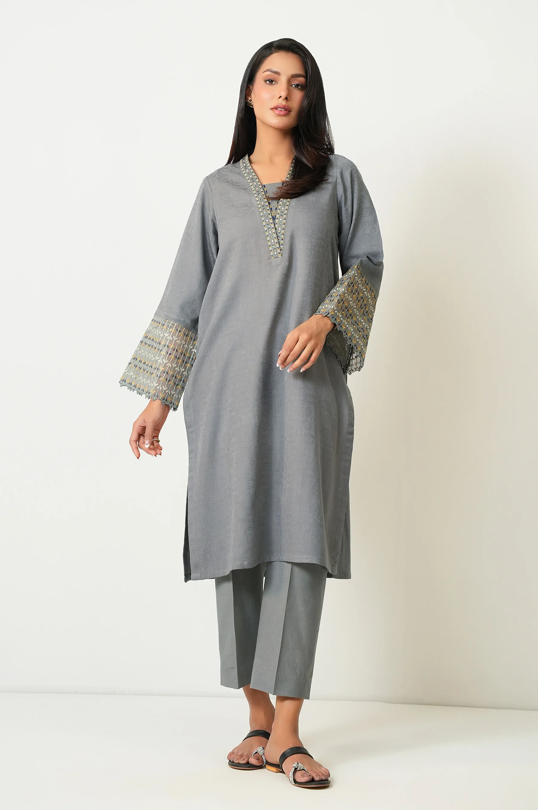 STITCHED EMBROIDERED SATIN JACQUARD SHIRT BOTTOM - Image 6