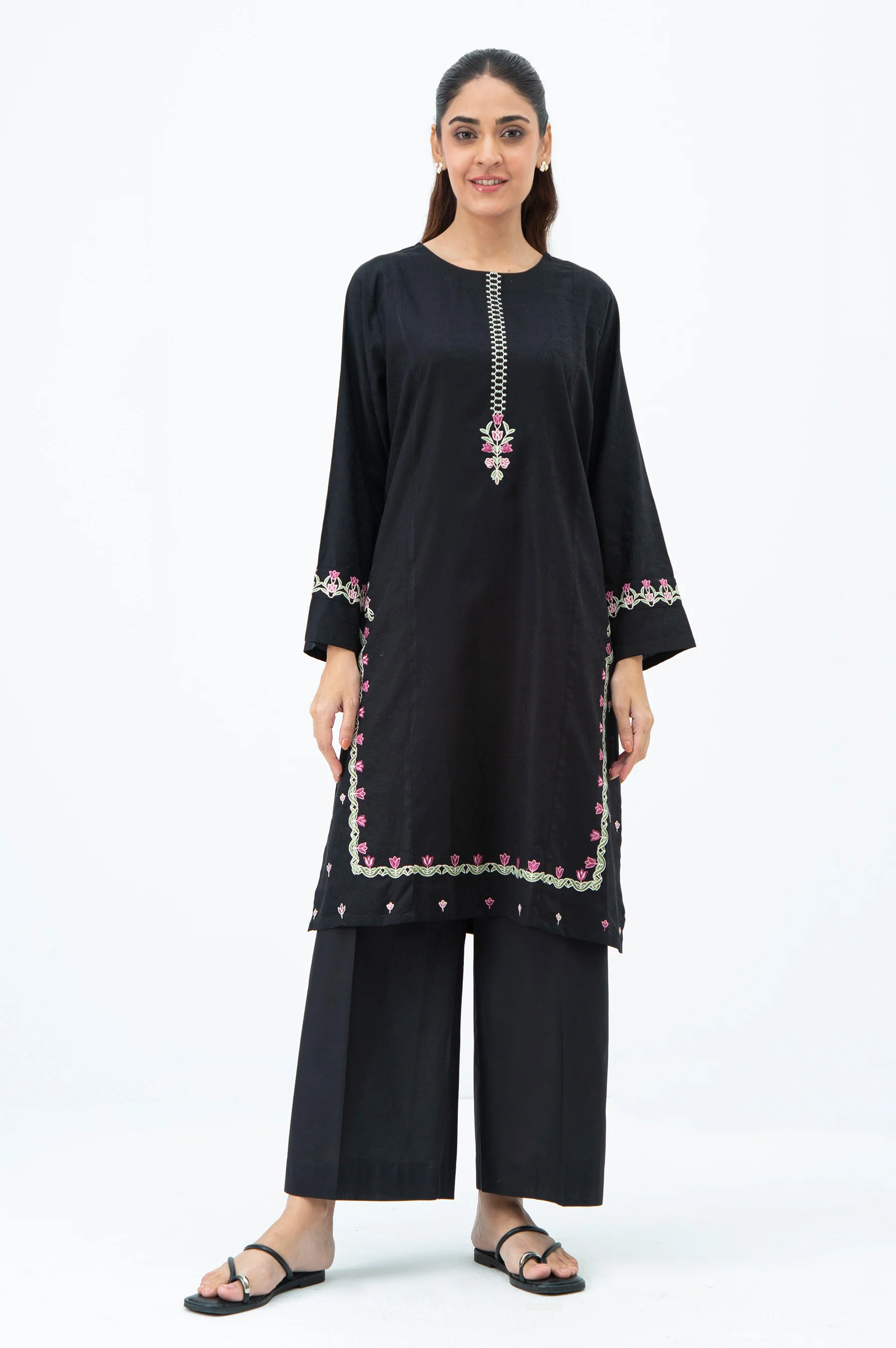 STITCHED EMBROIDERED SATIN JACQUARD SHIRT BOTTOM