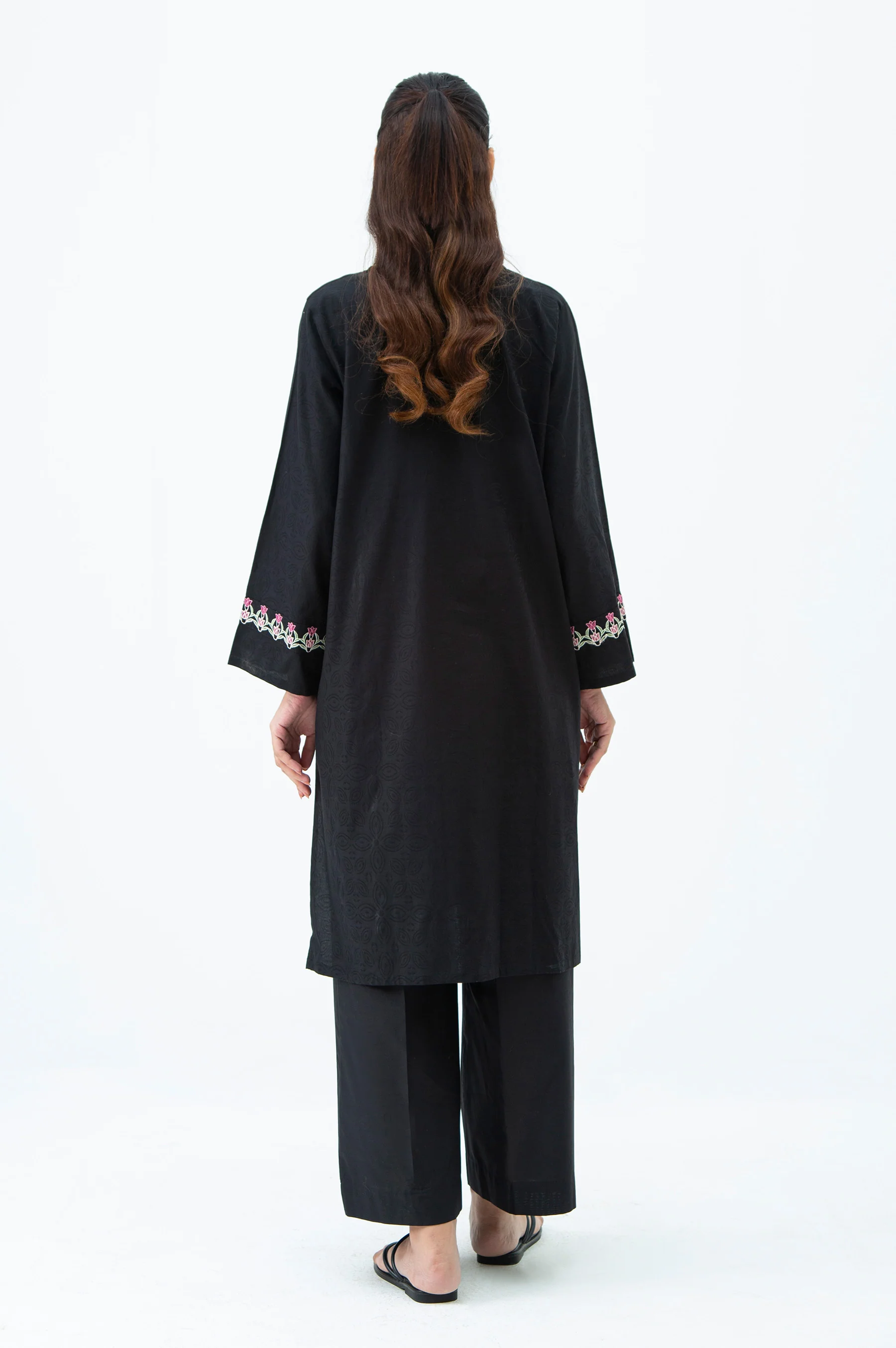 STITCHED EMBROIDERED SATIN JACQUARD SHIRT BOTTOM - Image 3
