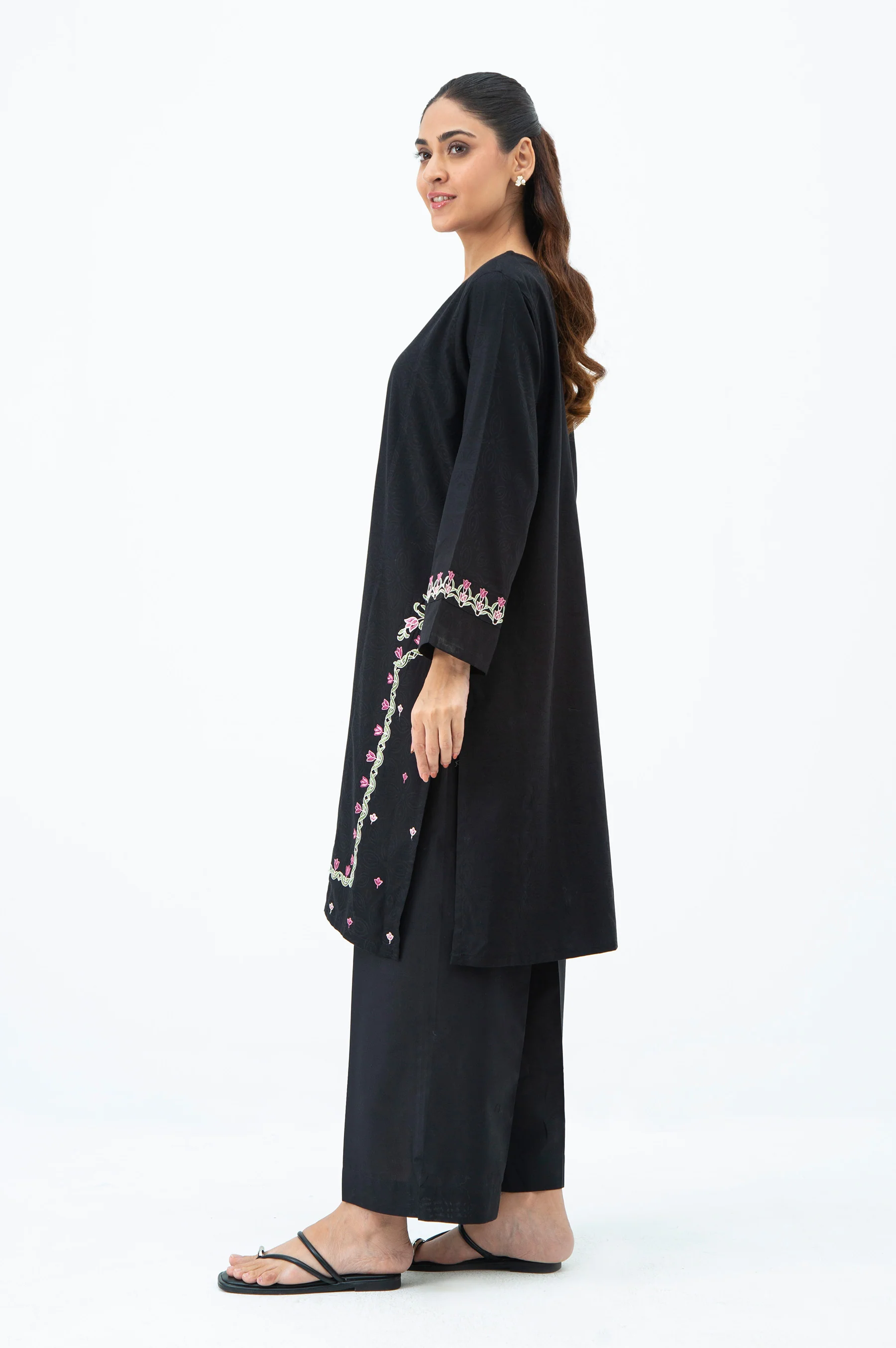 STITCHED EMBROIDERED SATIN JACQUARD SHIRT BOTTOM - Image 5