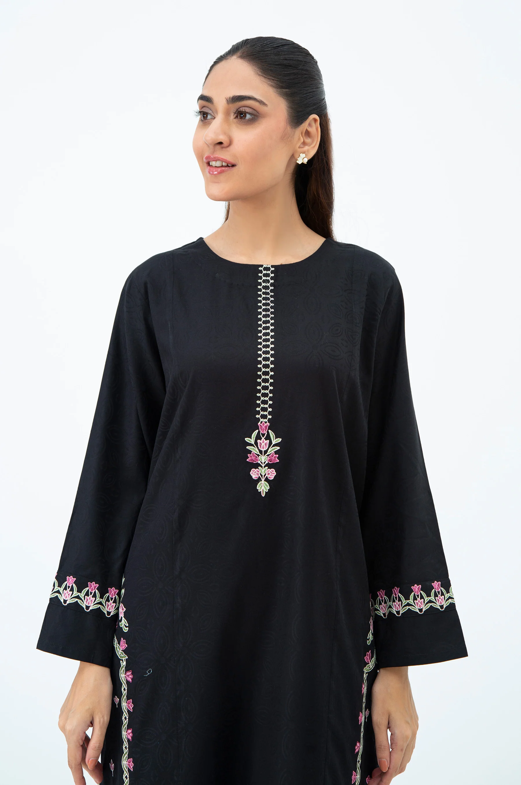 STITCHED EMBROIDERED SATIN JACQUARD SHIRT BOTTOM - Image 6