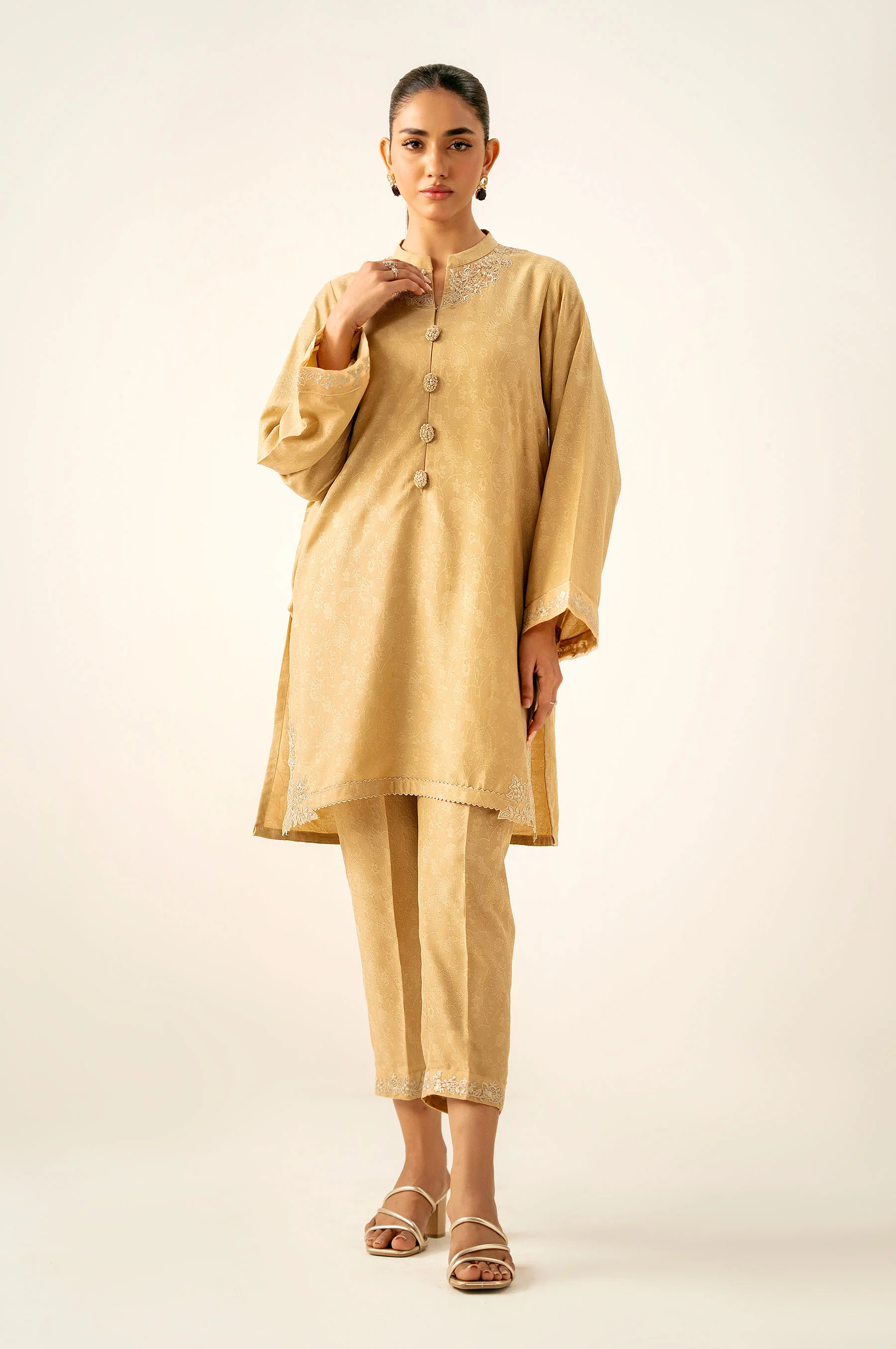 Stitched 2 Piece Embroidered Self Jacquard Suit