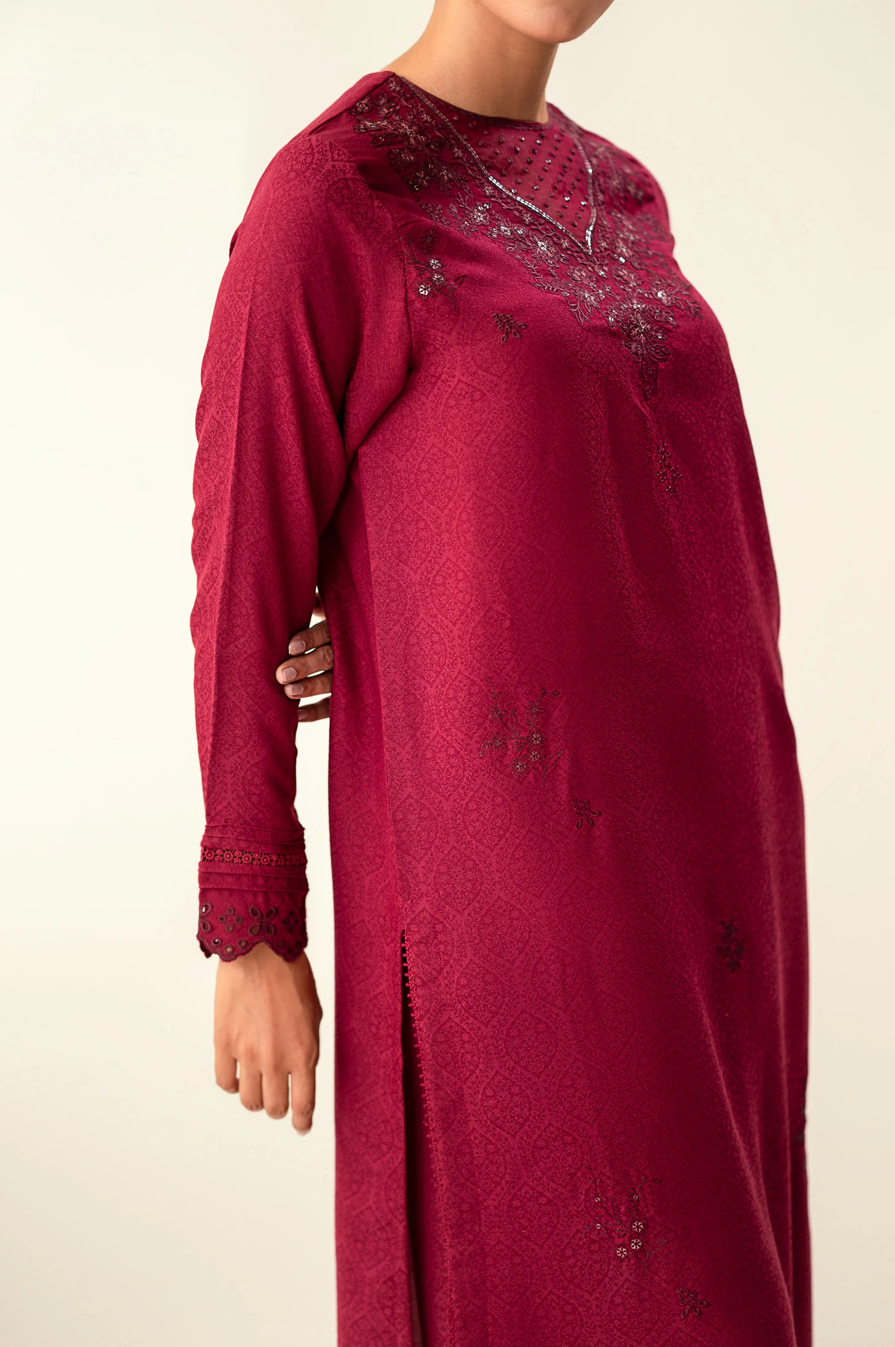Stitched 2 Piece Embroidered Self Jacquard Suit - Image 6