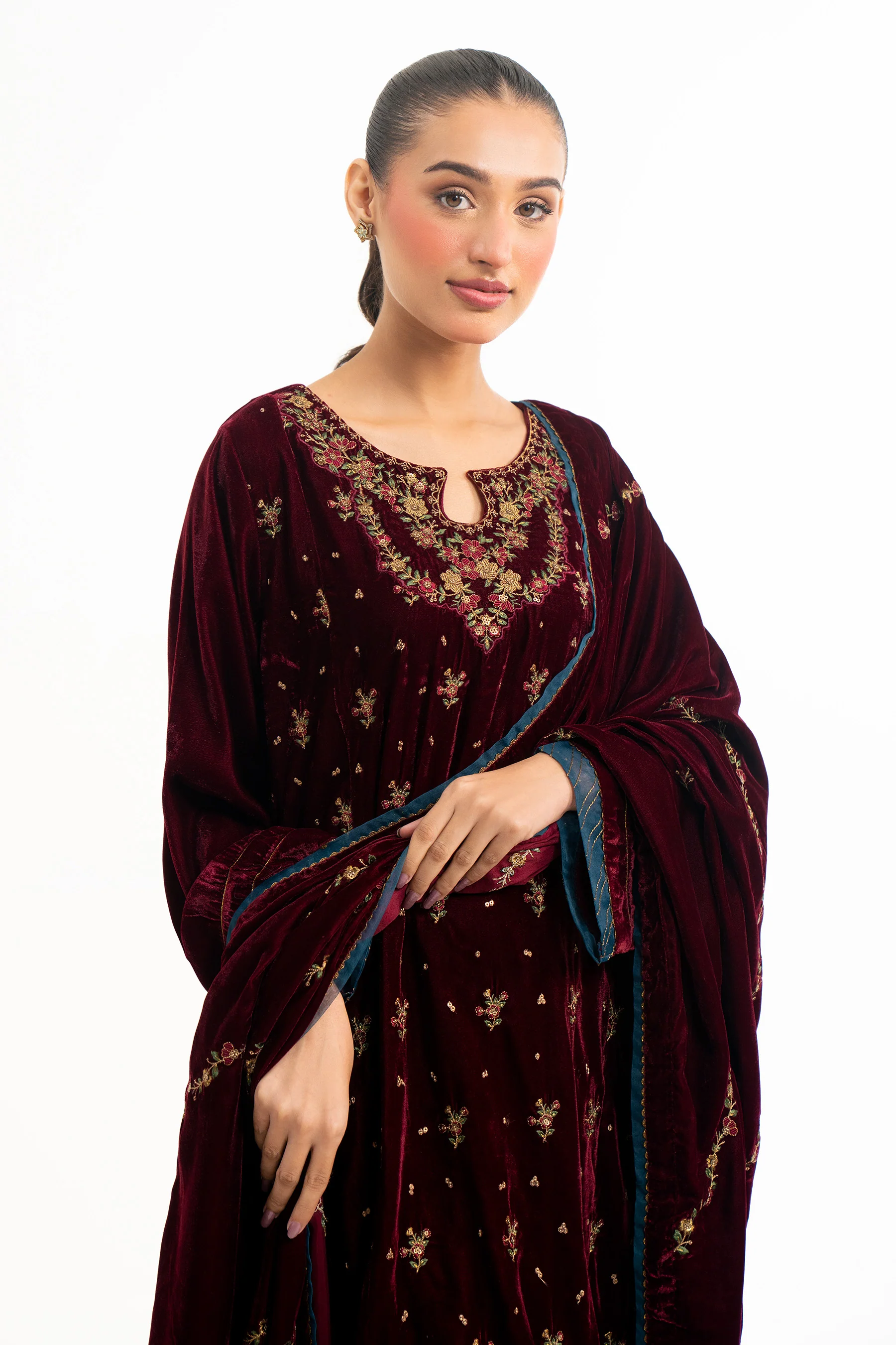 STITCHED EMBROIDERED VELVET SHIRT DUPATTA - Image 5