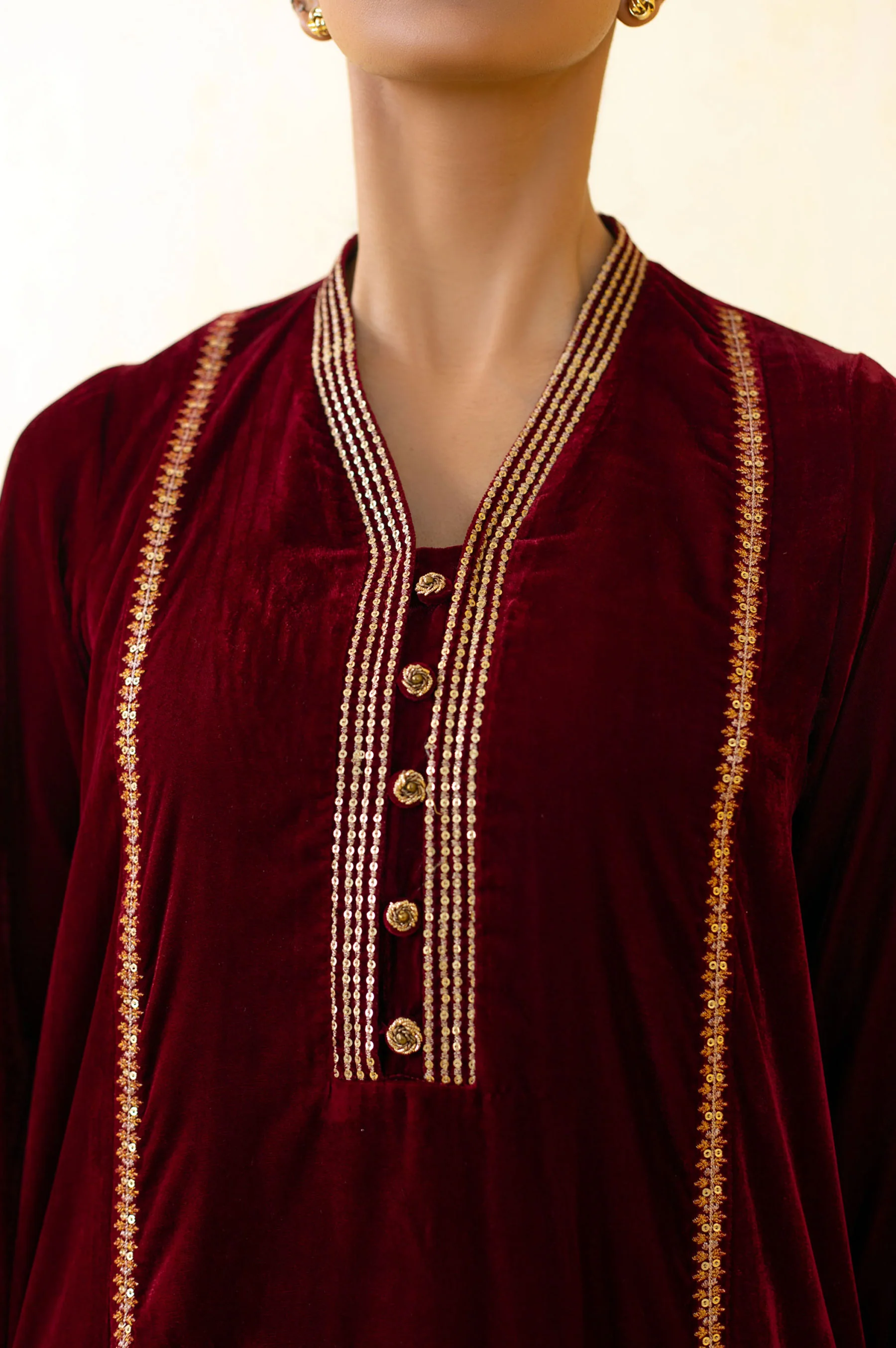 Stitched 2 Piece Embroidered Velvet Outfit - Maroon - Image 6
