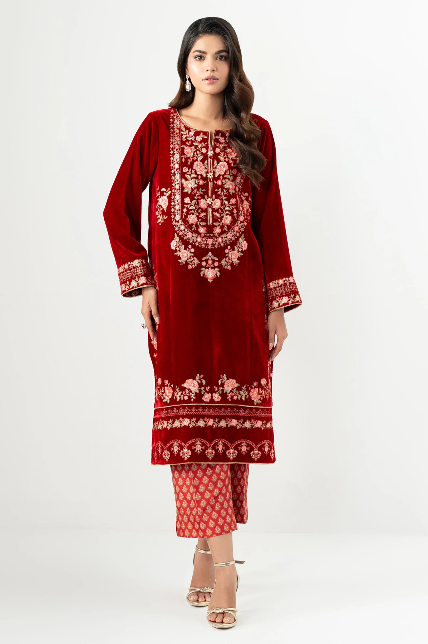 STITCHED EMBROIDERED VELVET SHIRT BOTTOM