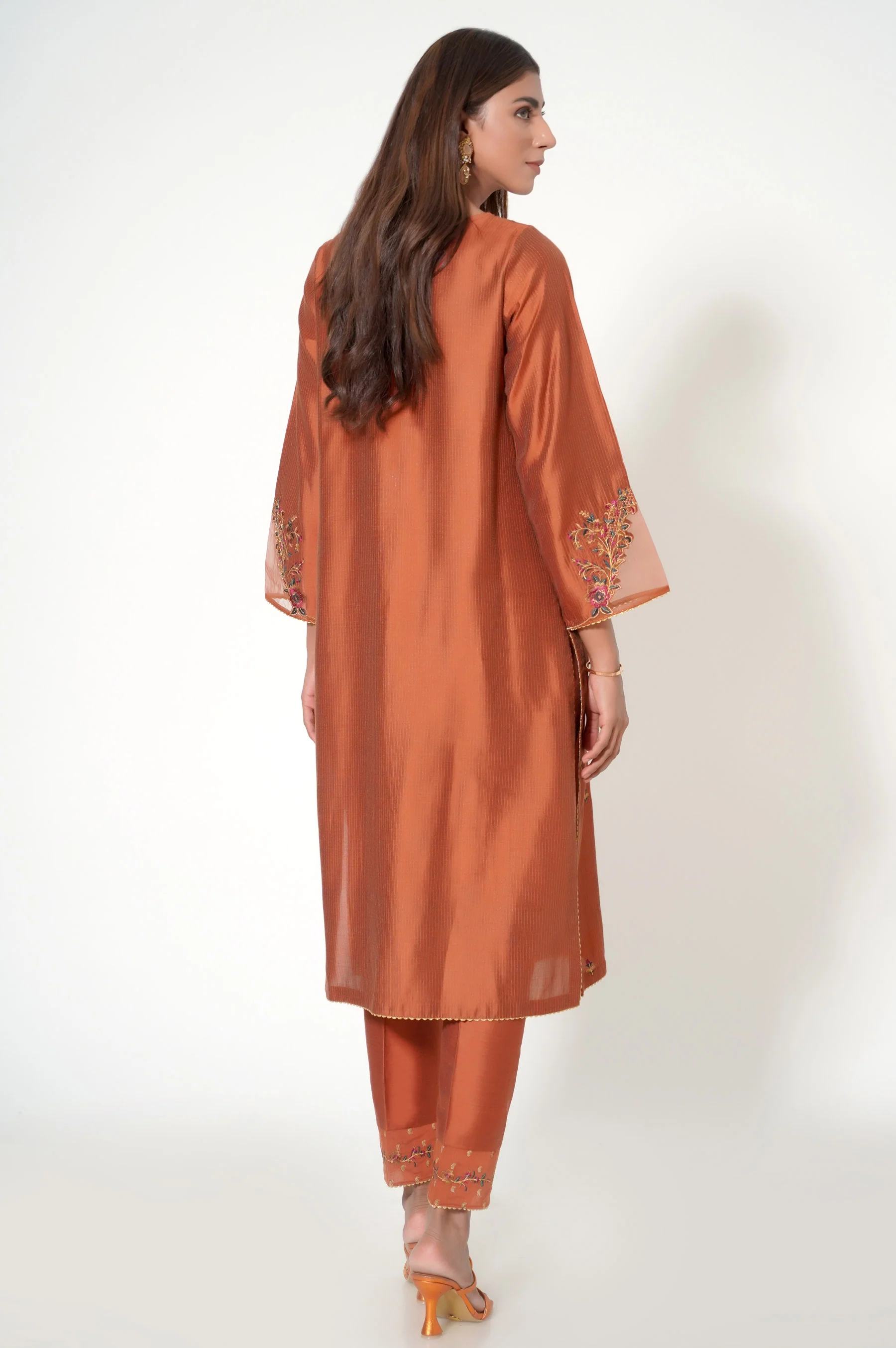 Stitched 2 Piece Embroidered Zari Cotton Silk Outfit - Image 6