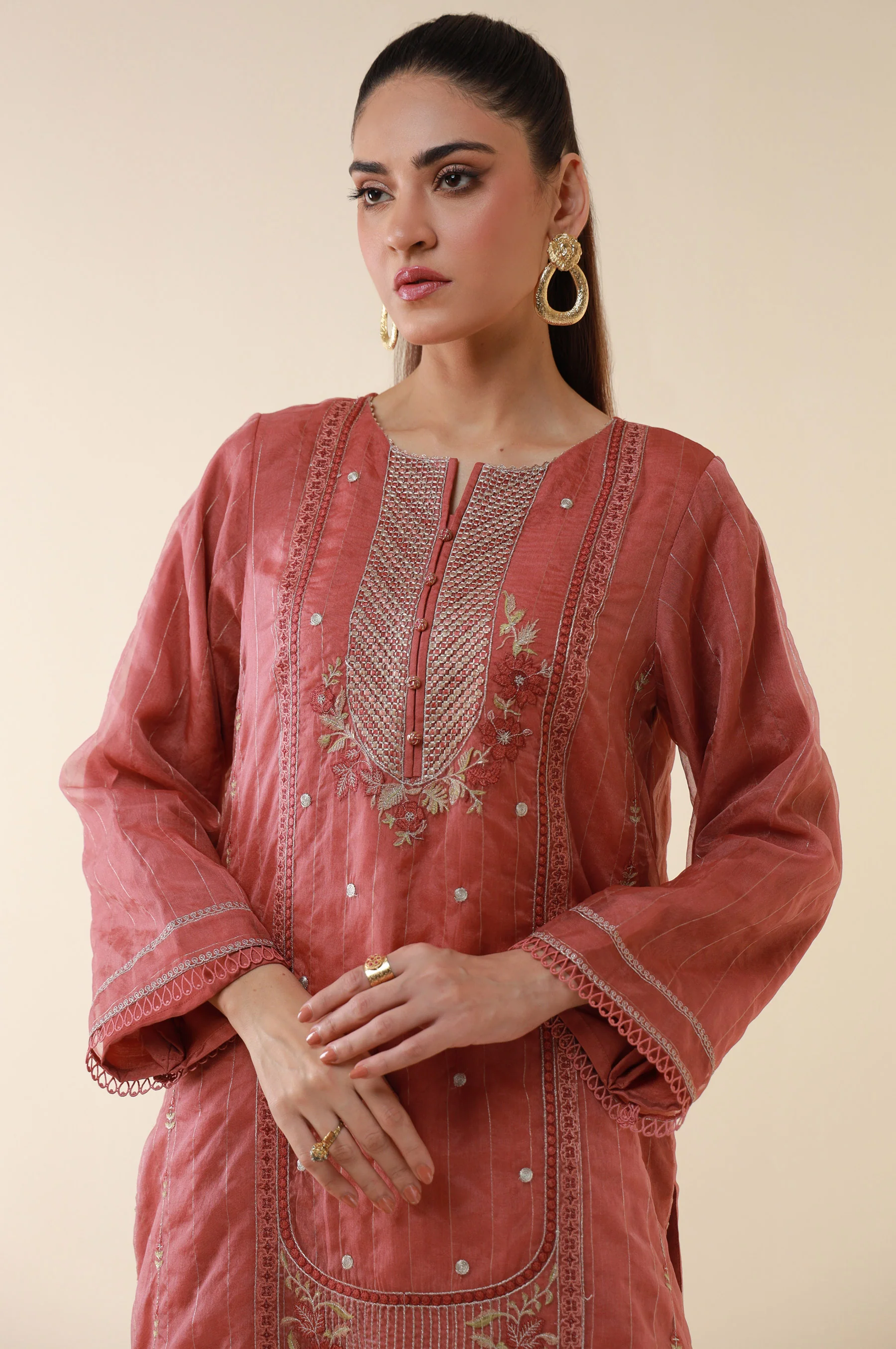 Stitched 2 Piece Embroidered Zari Line Organza Suit