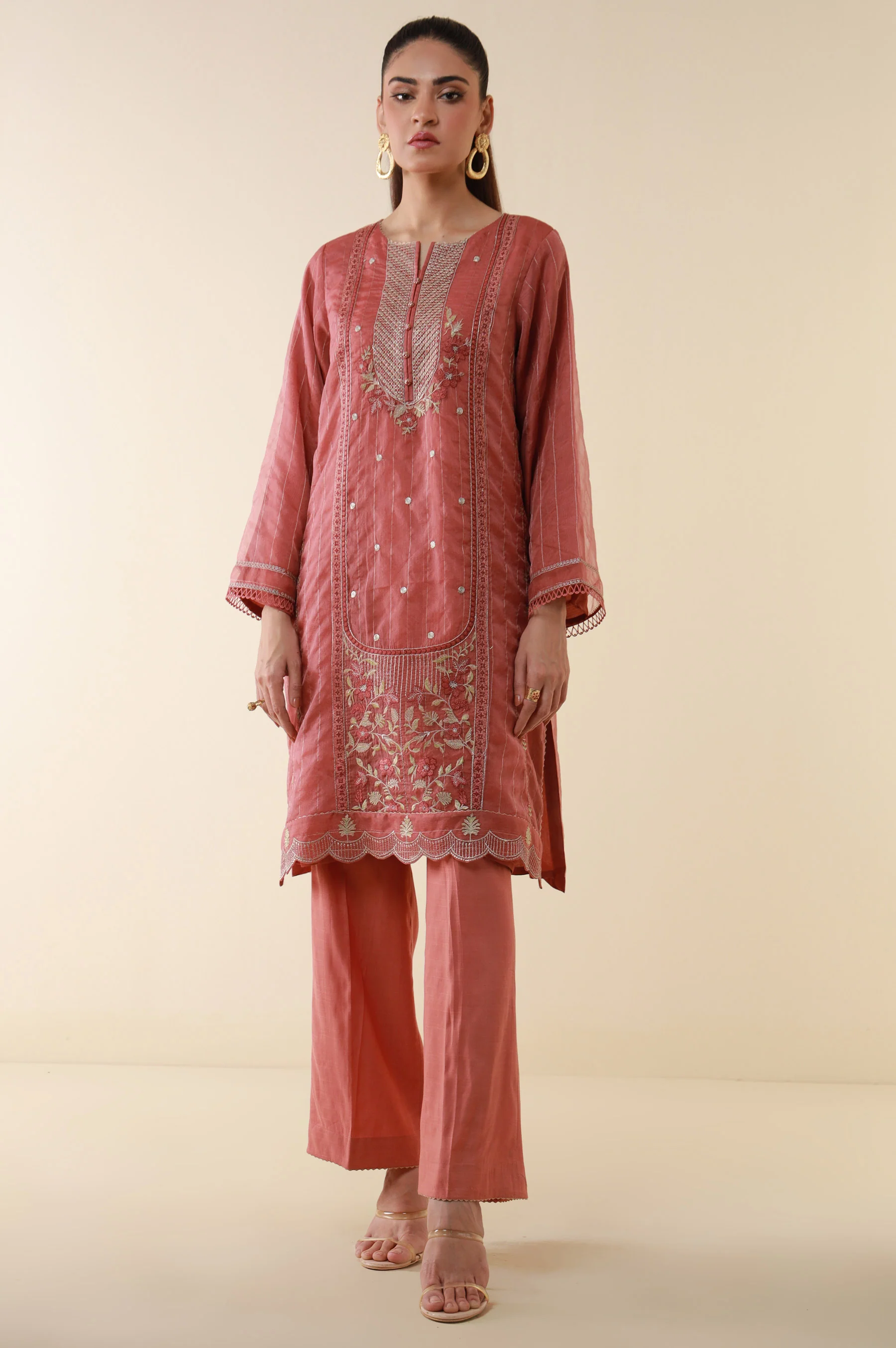 Stitched 2 Piece Embroidered Zari Line Organza Suit - Image 2