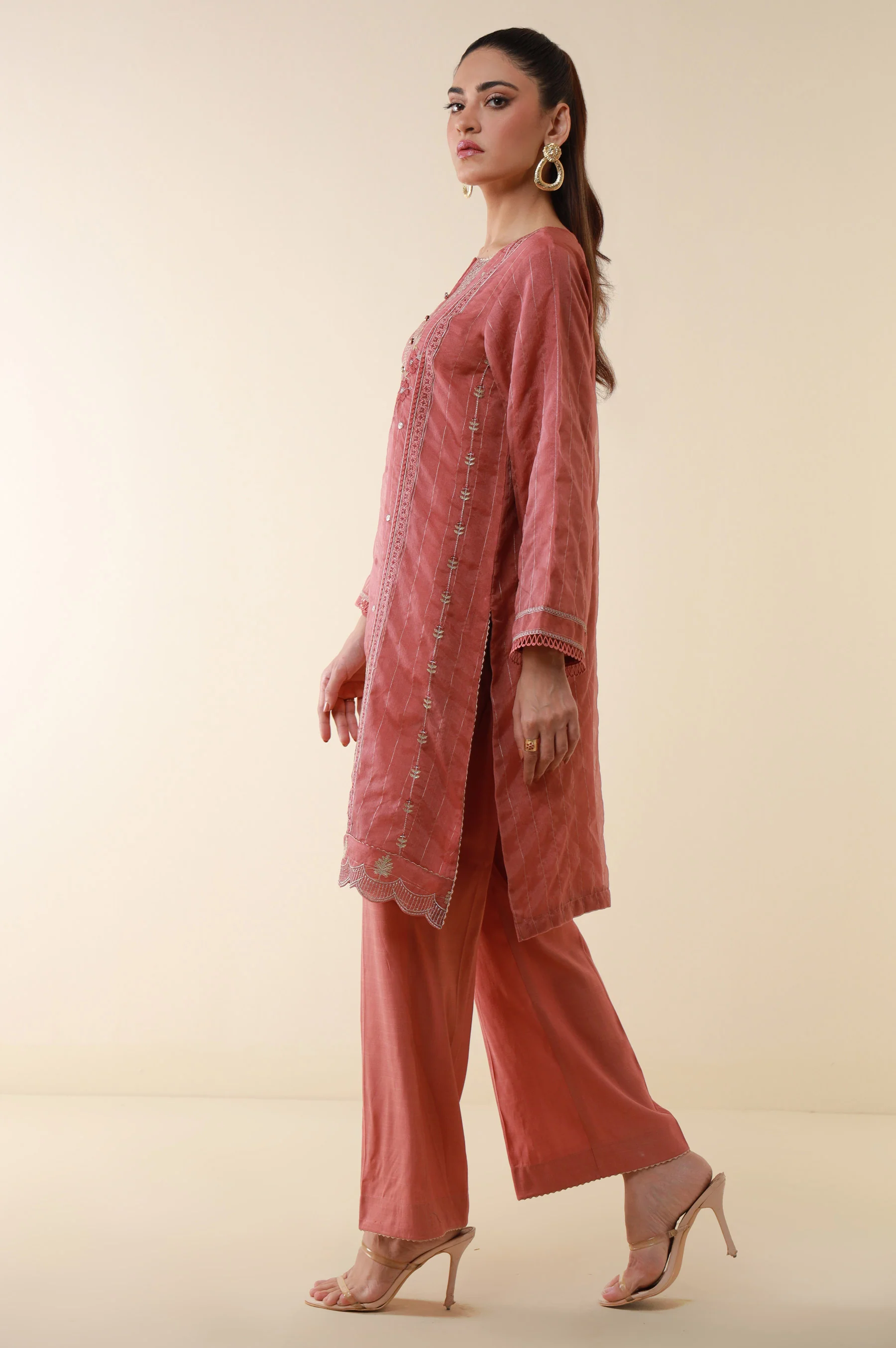 Stitched 2 Piece Embroidered Zari Line Organza Suit - Image 3