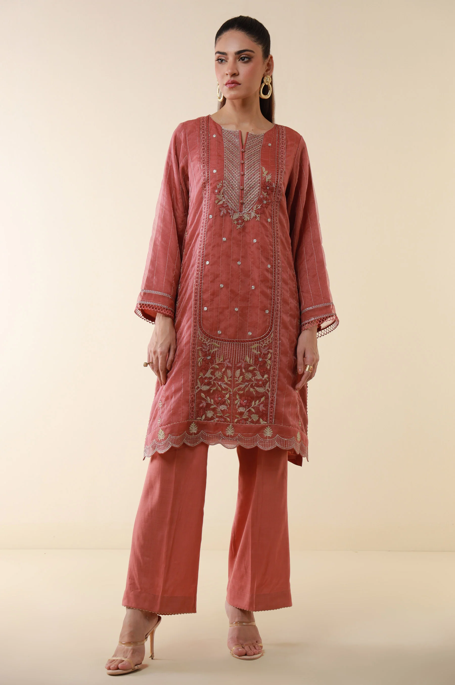 Stitched 2 Piece Embroidered Zari Line Organza Suit - Image 6