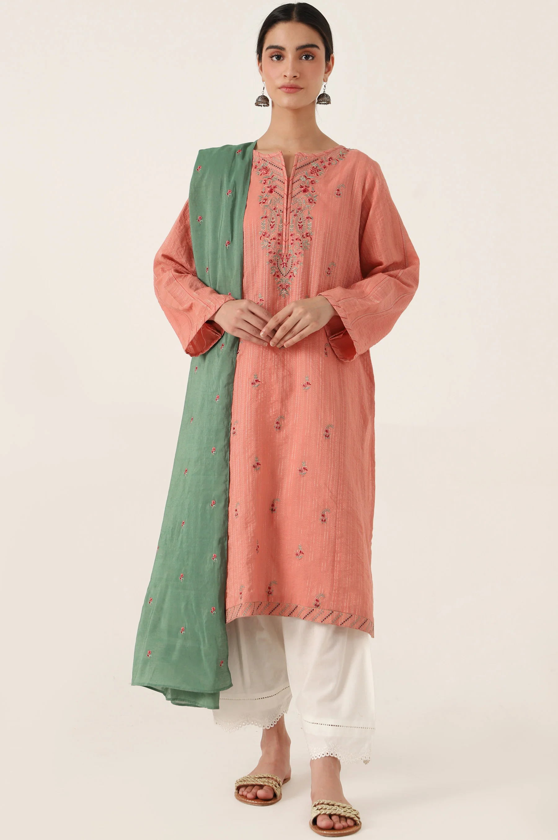 Stitched 2 Piece Embroidered Zari Line Shirt & Dupatta - Image 5
