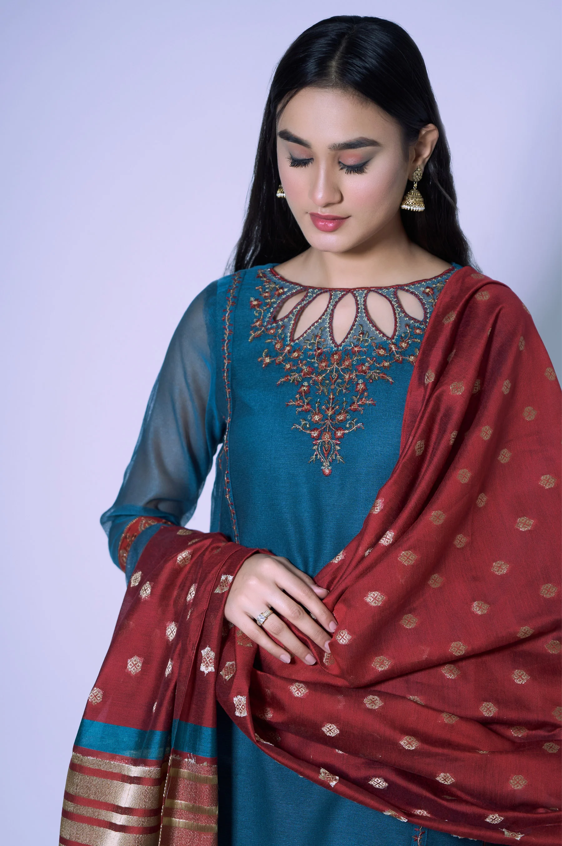 Stitched 2 Piece Khaddi Net Embroidered Shirt & Dupatta - Image 3
