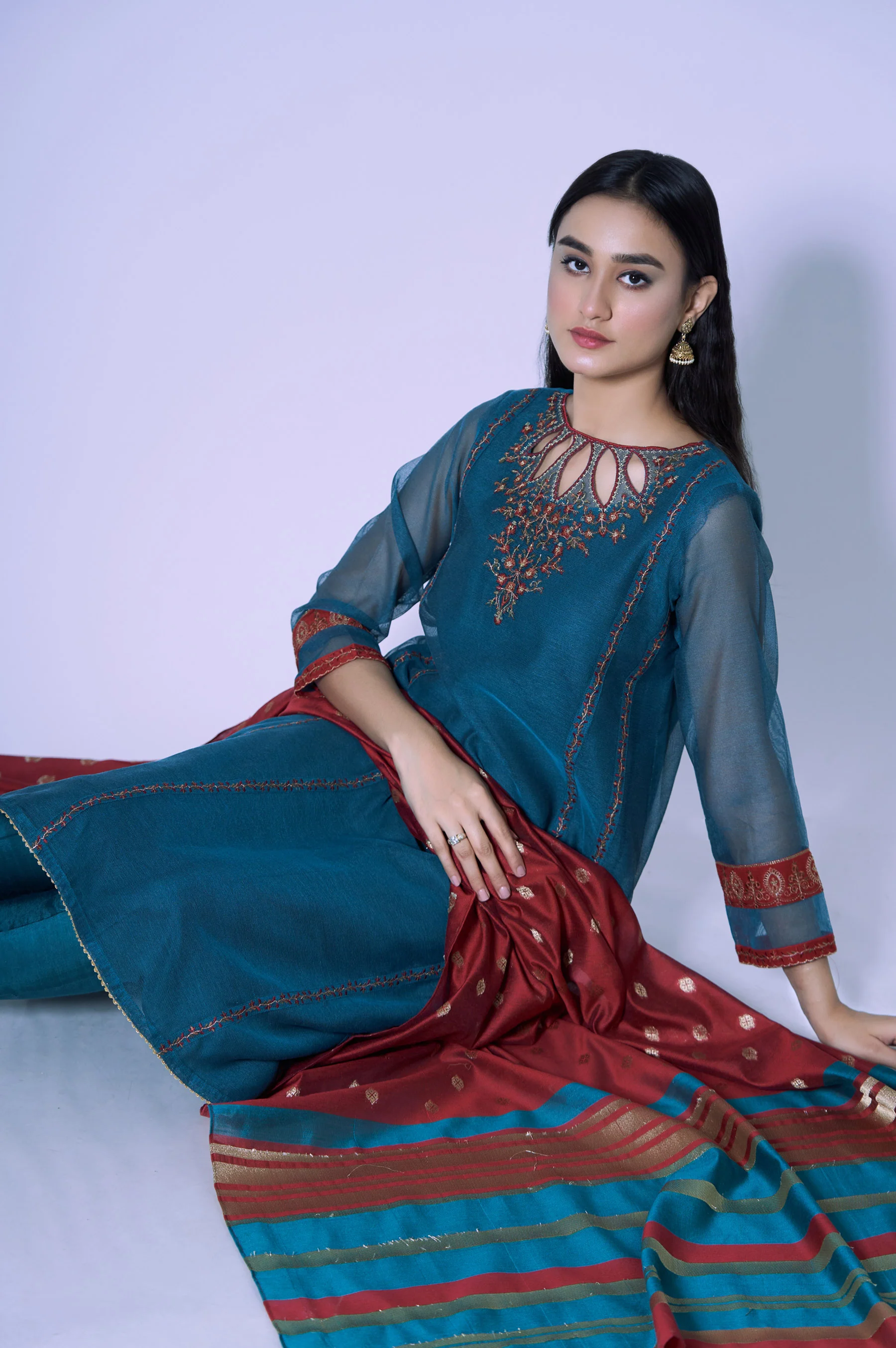 Stitched 2 Piece Khaddi Net Embroidered Shirt & Dupatta - Image 4