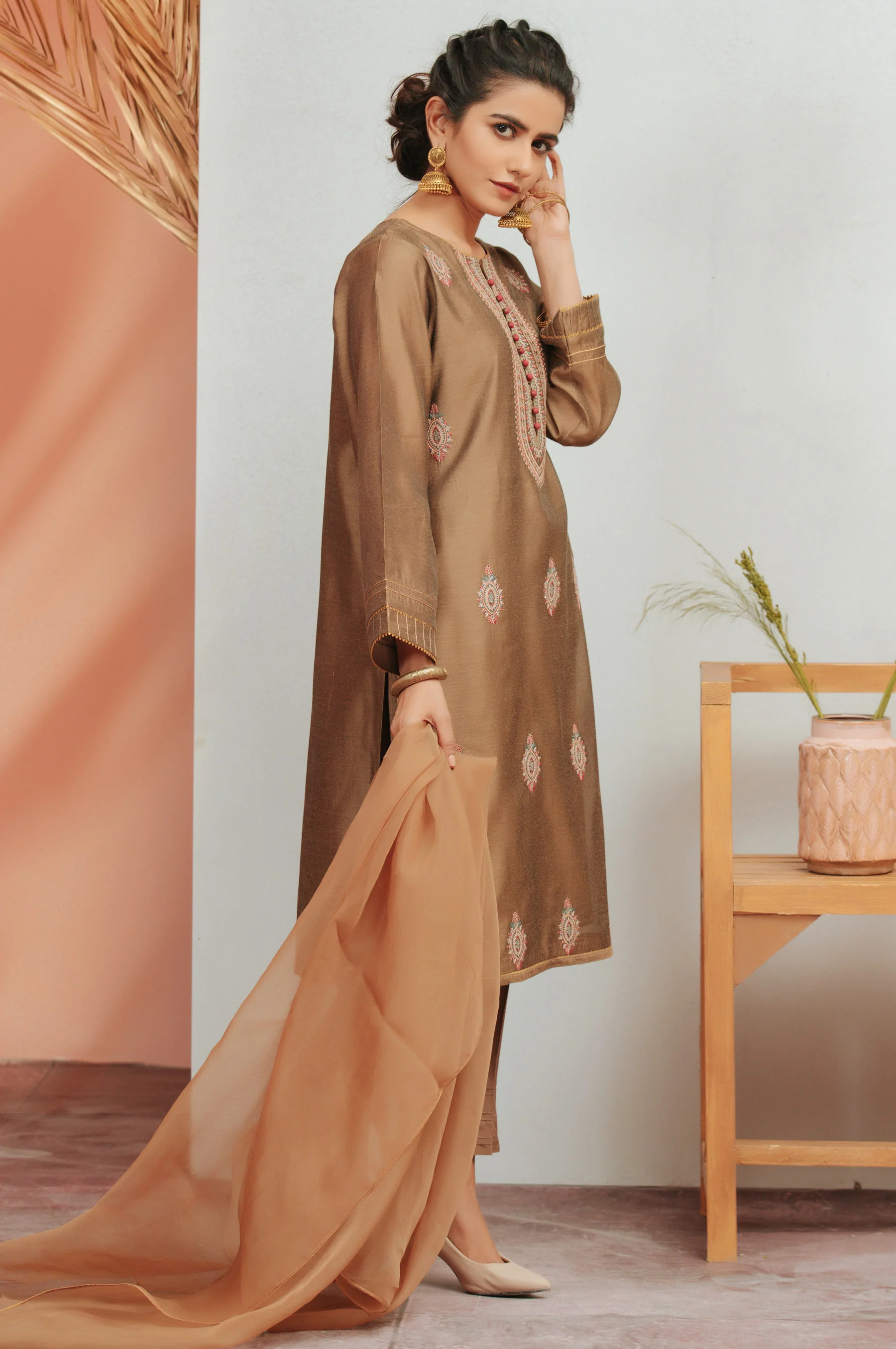 Stitched 2 Piece Paper Silk Dyed Embroidered Suit - Image 2