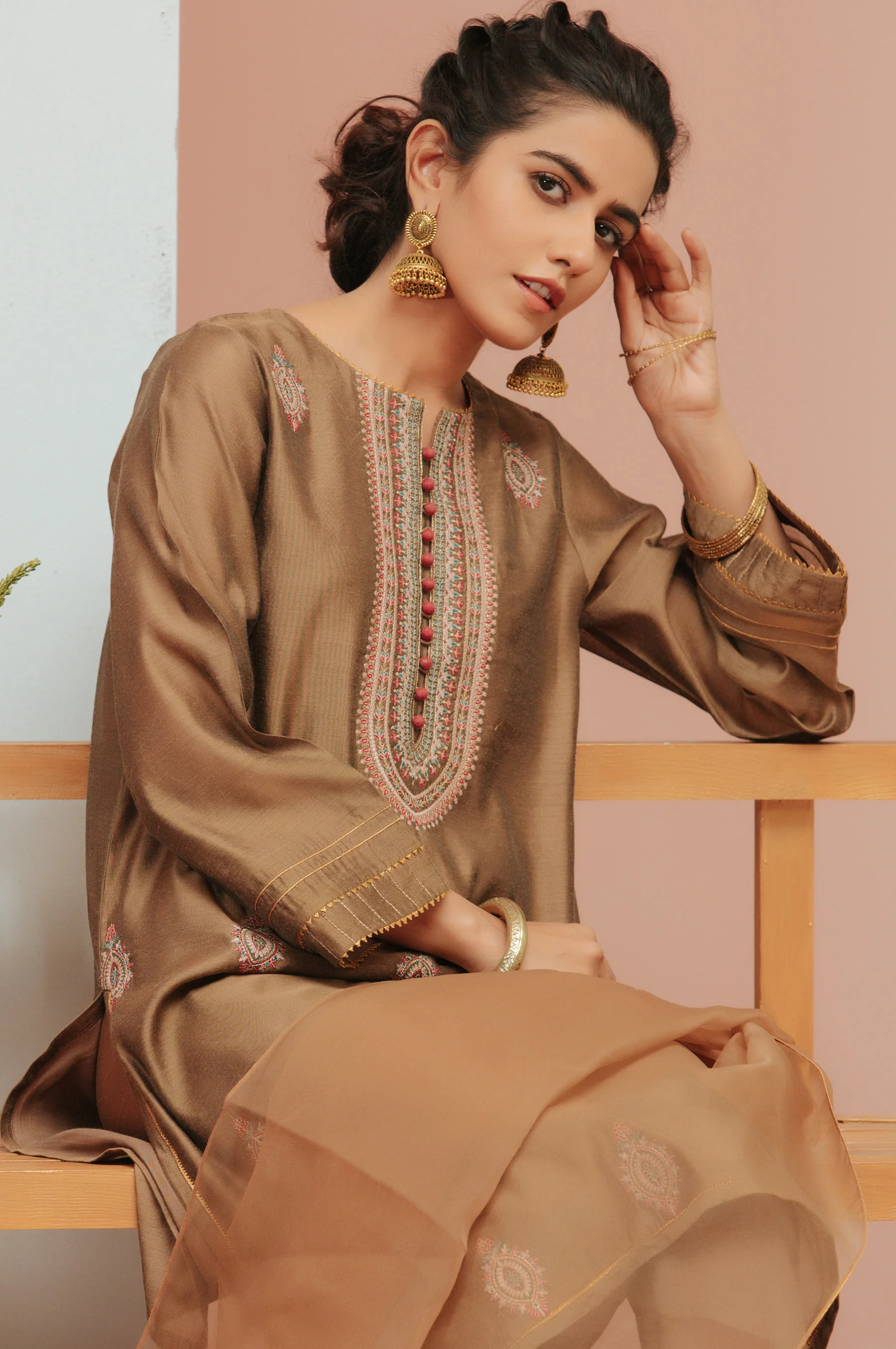 Stitched 2 Piece Paper Silk Dyed Embroidered Suit - Image 3