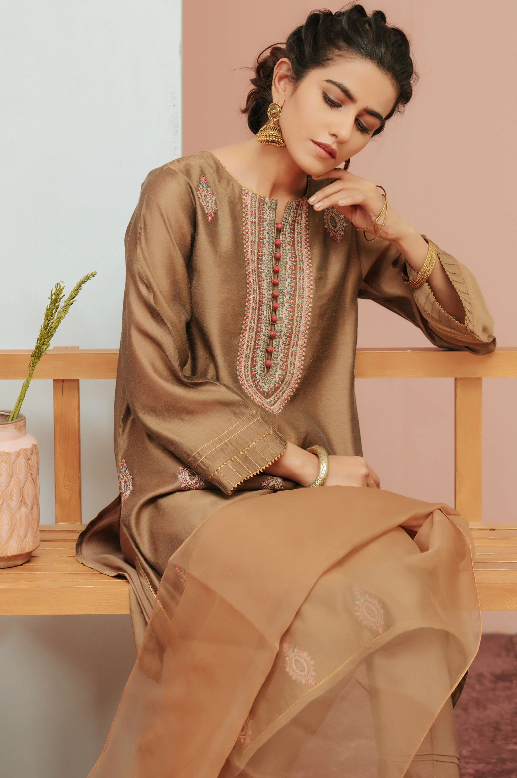 Stitched 2 Piece Paper Silk Dyed Embroidered Suit - Image 4