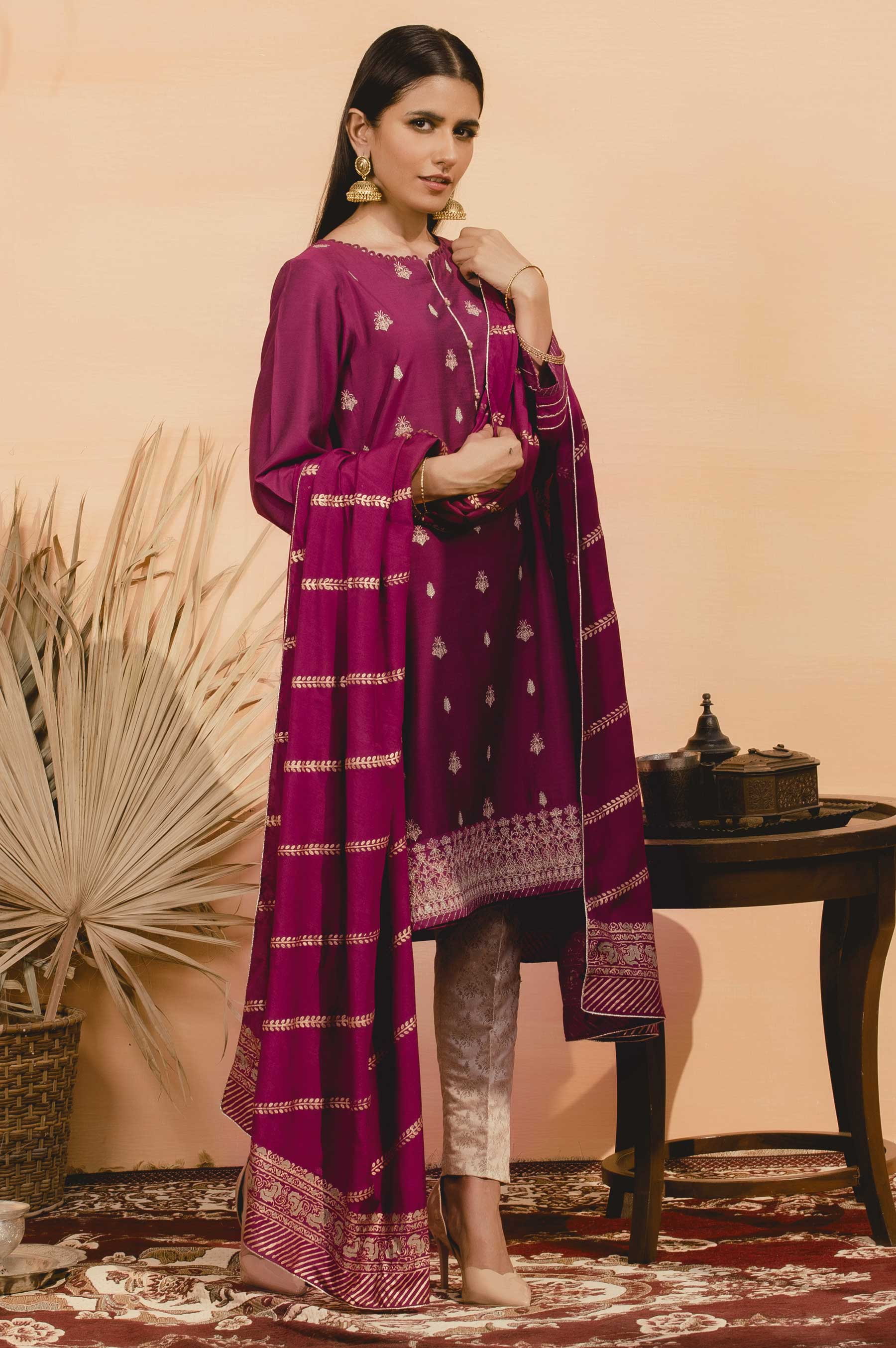 Stitched 2 Piece Raw Silk Embroidered Suit - Image 4