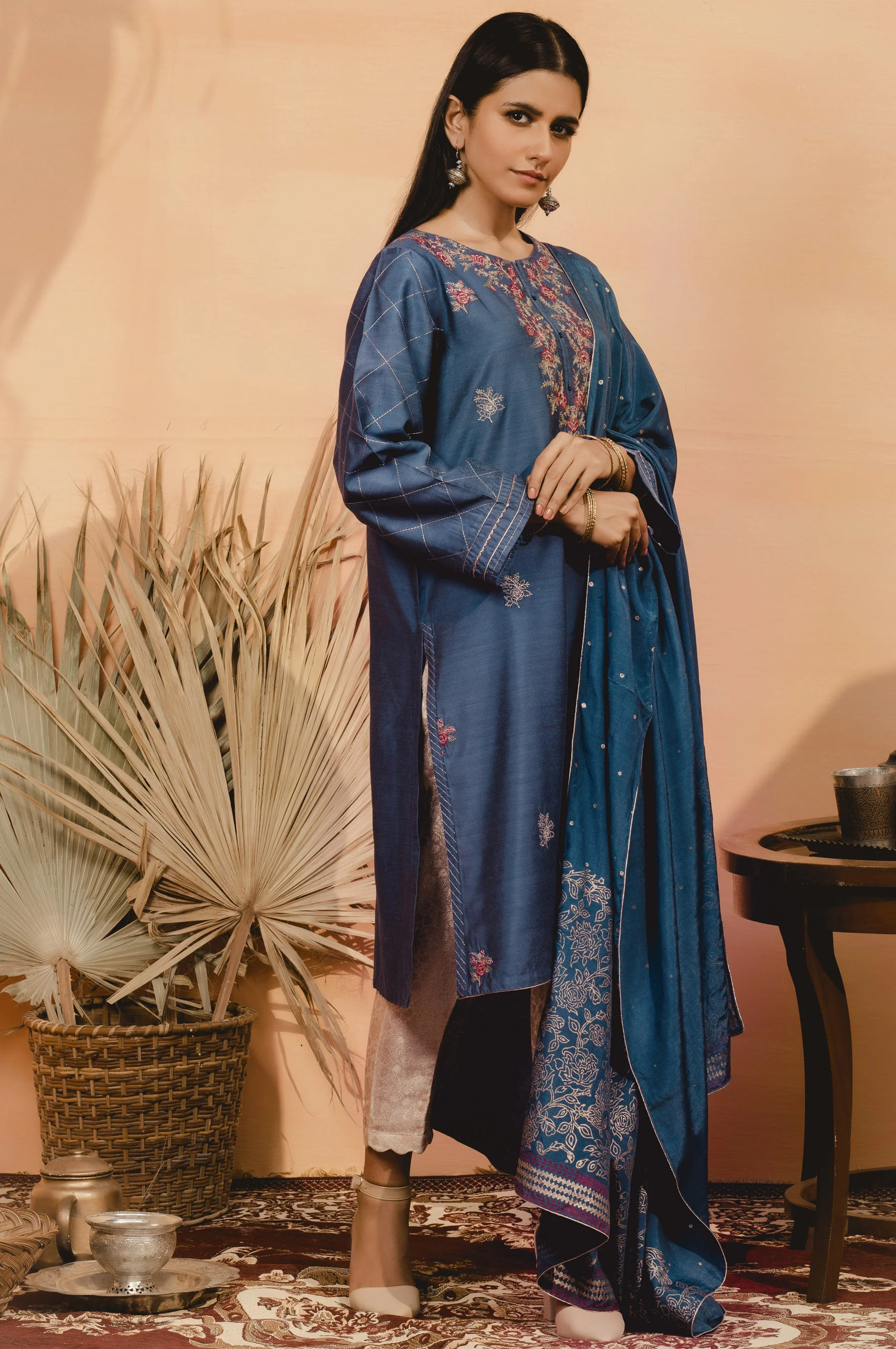 Stitched 2 Piece Raw Silk Embroidered Suit - Image 3
