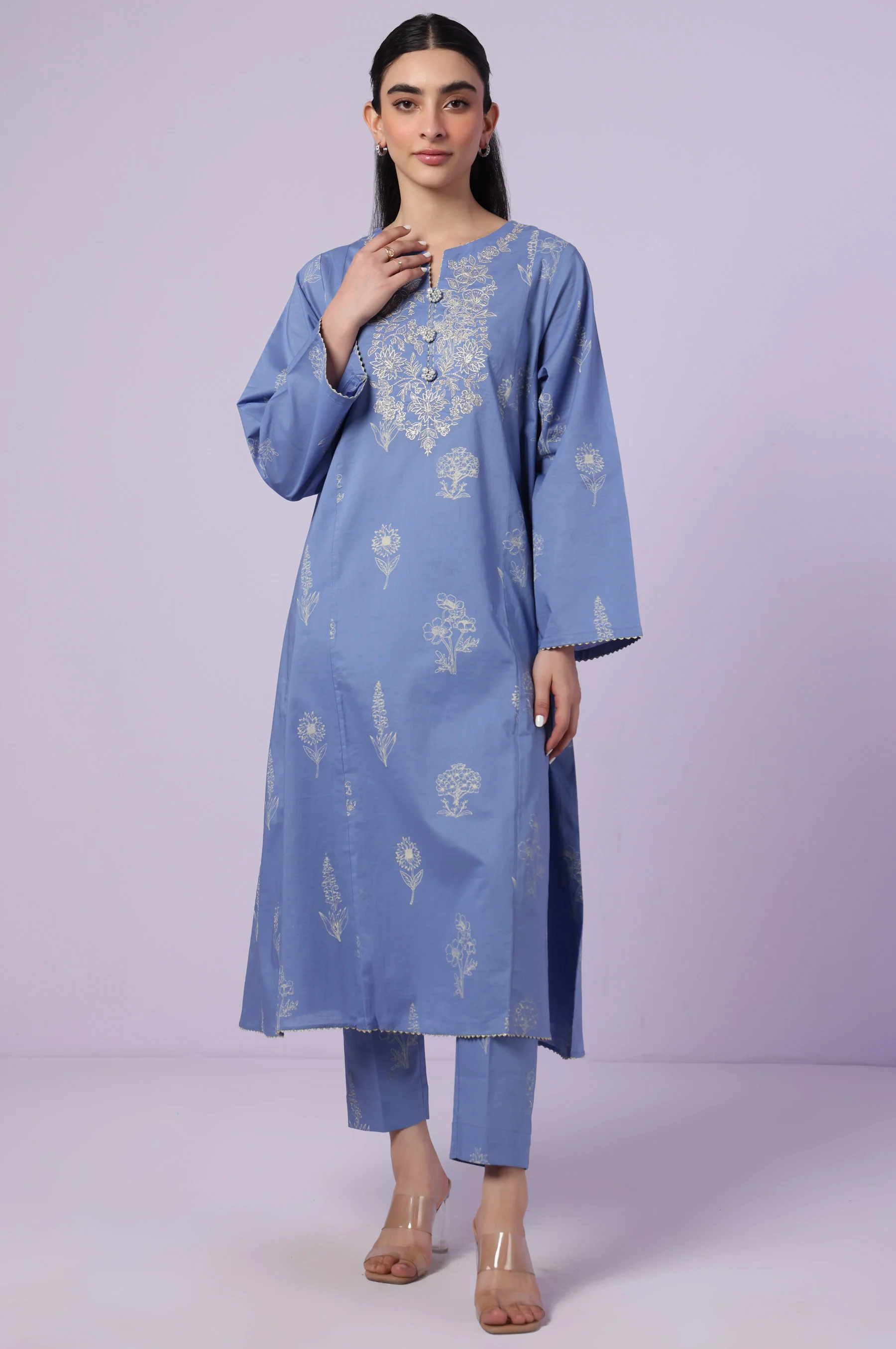 Stitched 2 Piece Screen Printed + Embroidered Cambric Suit - Image 5