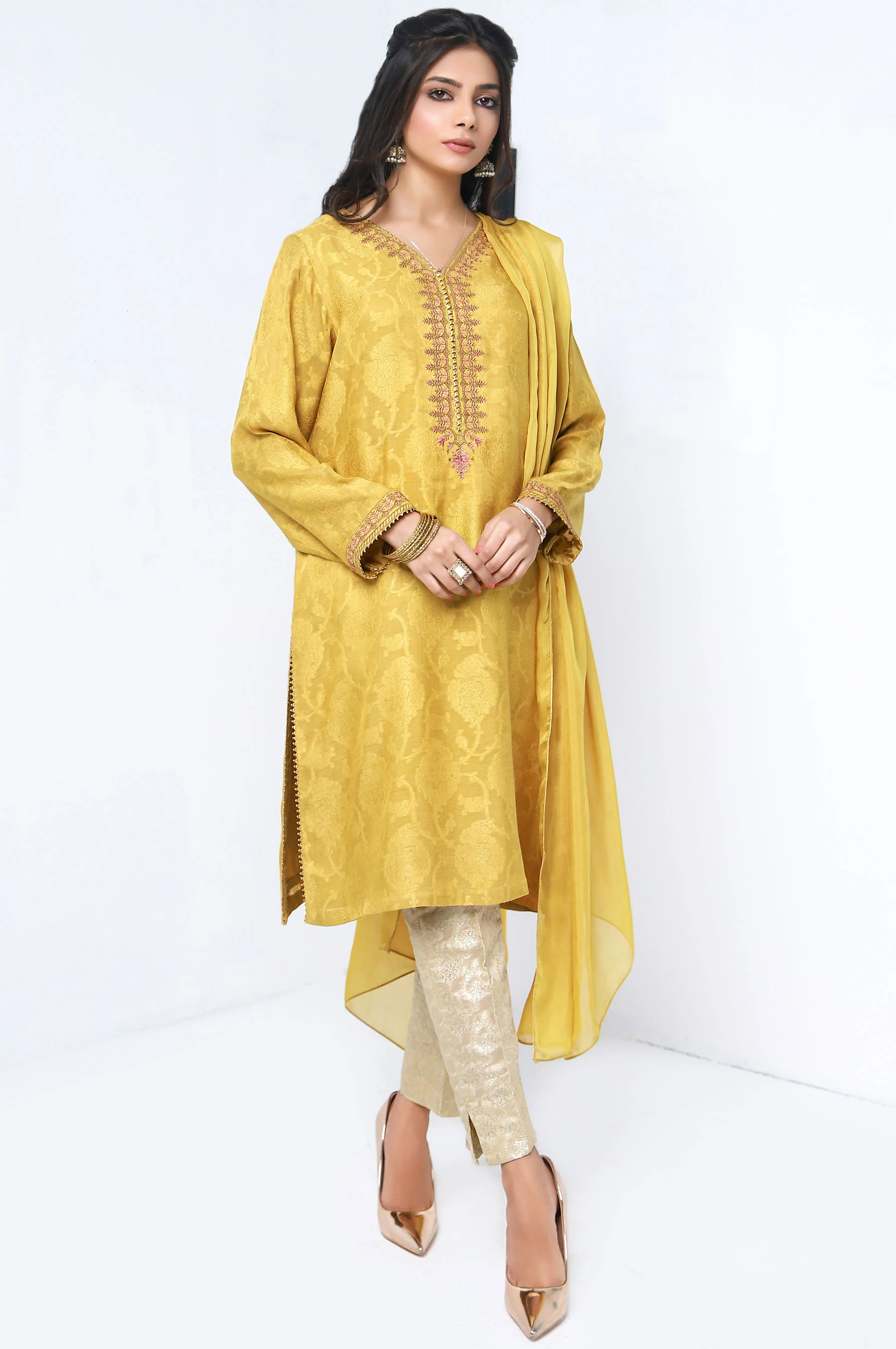 Stitched 2 Piece Self Jacquard Embroidered Shirt