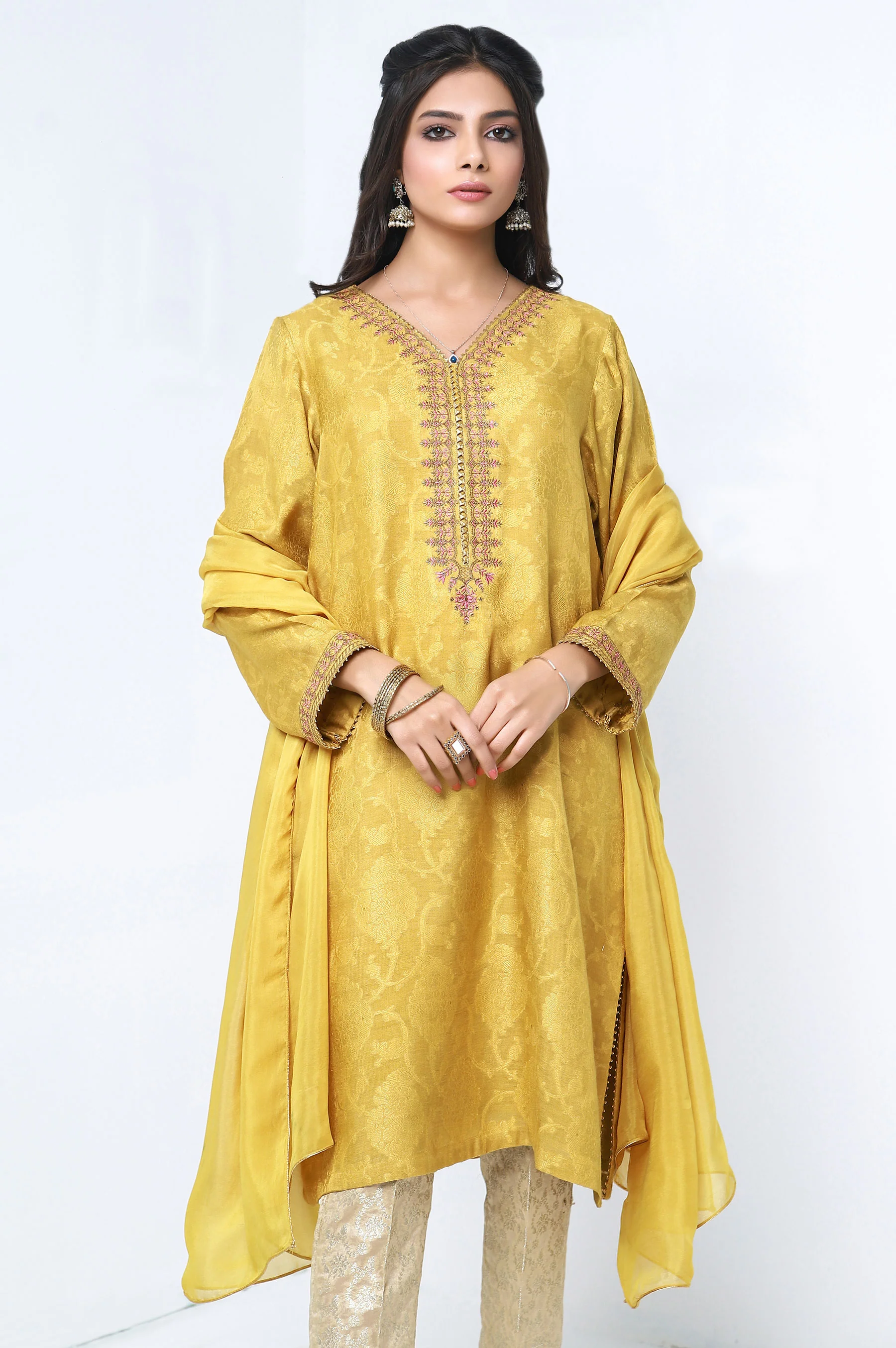 Stitched 2 Piece Self Jacquard Embroidered Shirt - Image 5