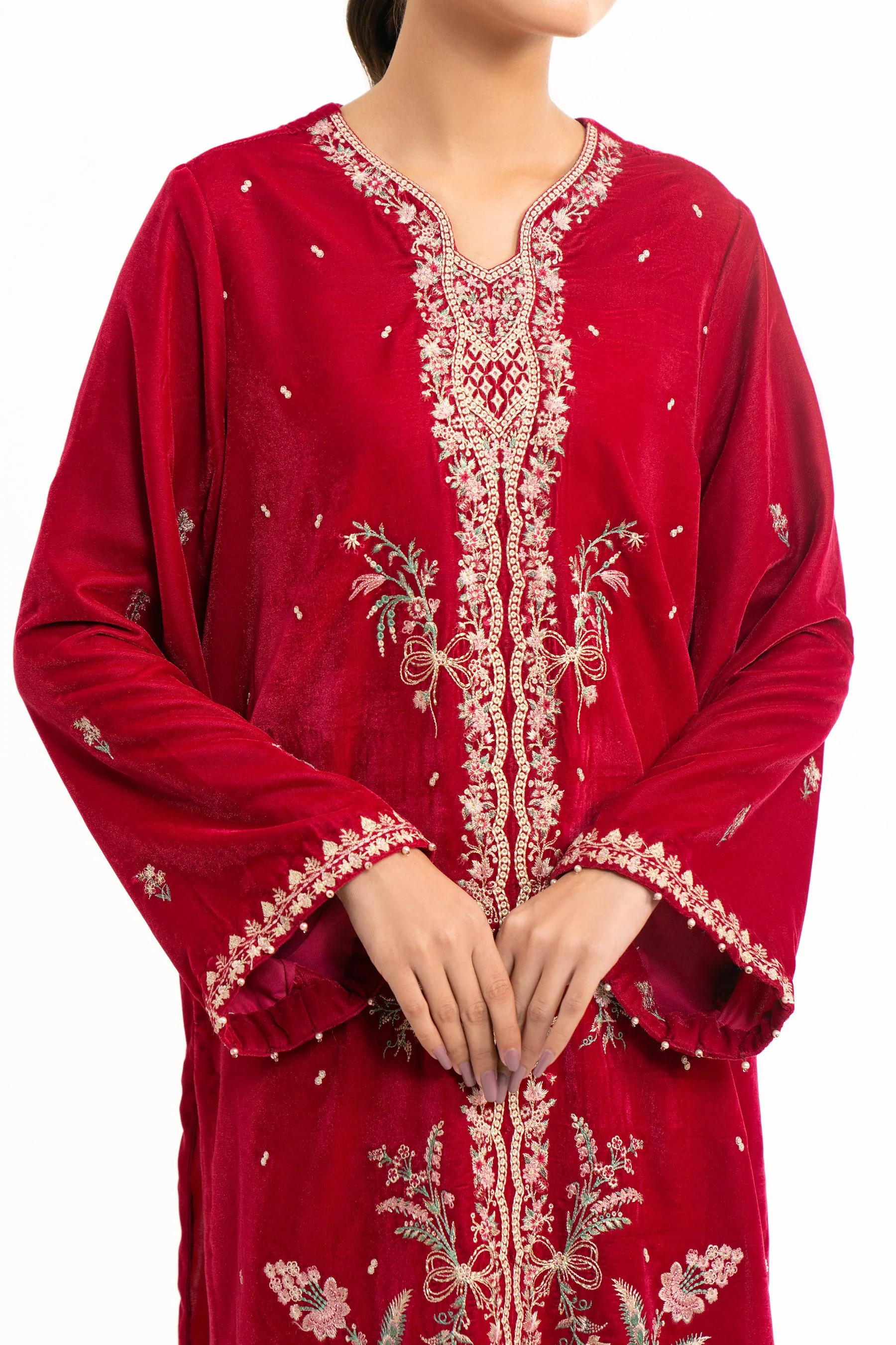 STITCHED EMBROIDERED VELVET SHIRT BOTTOM (FACTORY E-OUTLET) - Image 2