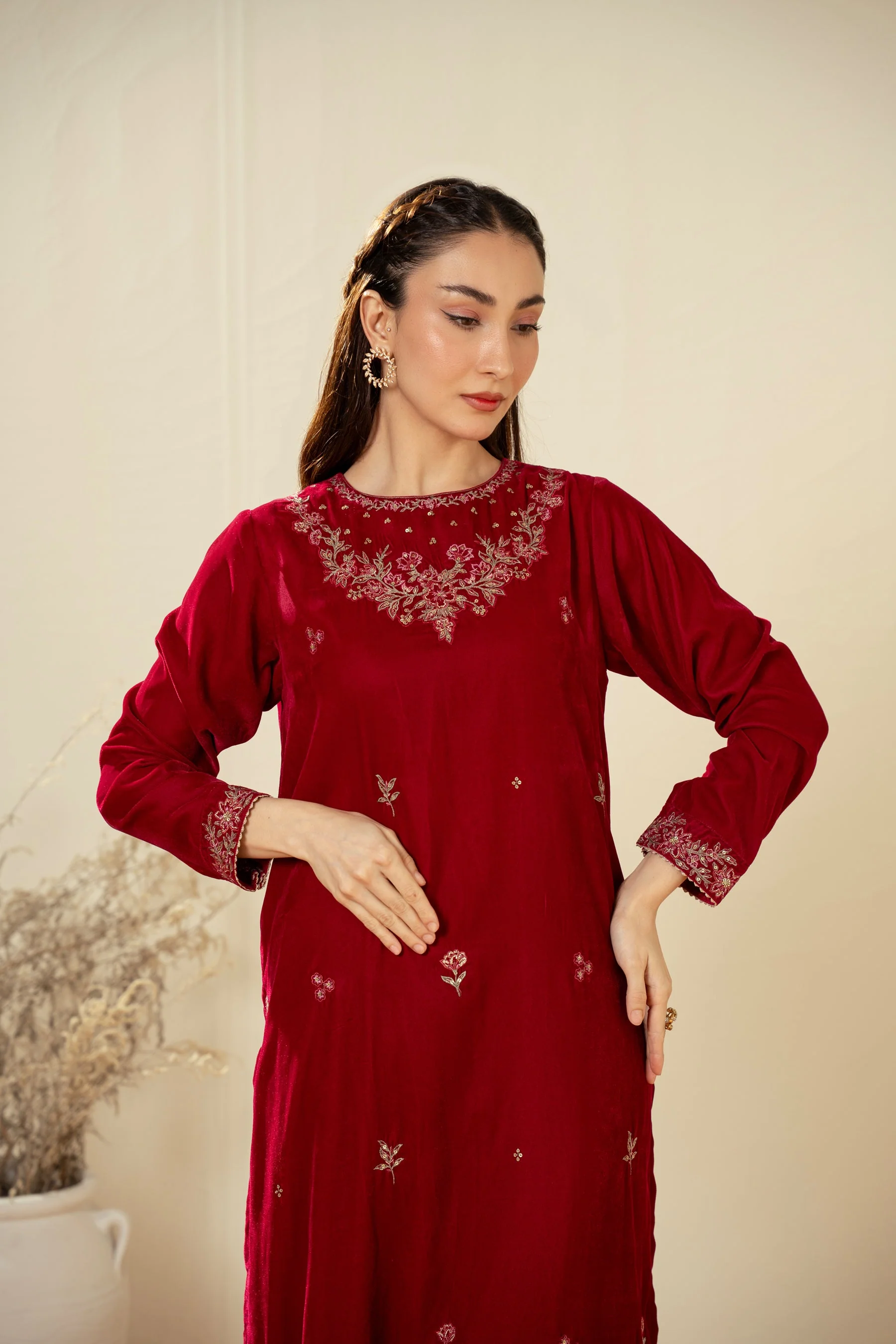STITCHED EMBROIDERED VELVET VELVET SHIRT BOTTOM (FACTORY E-OUTLET) - Image 3