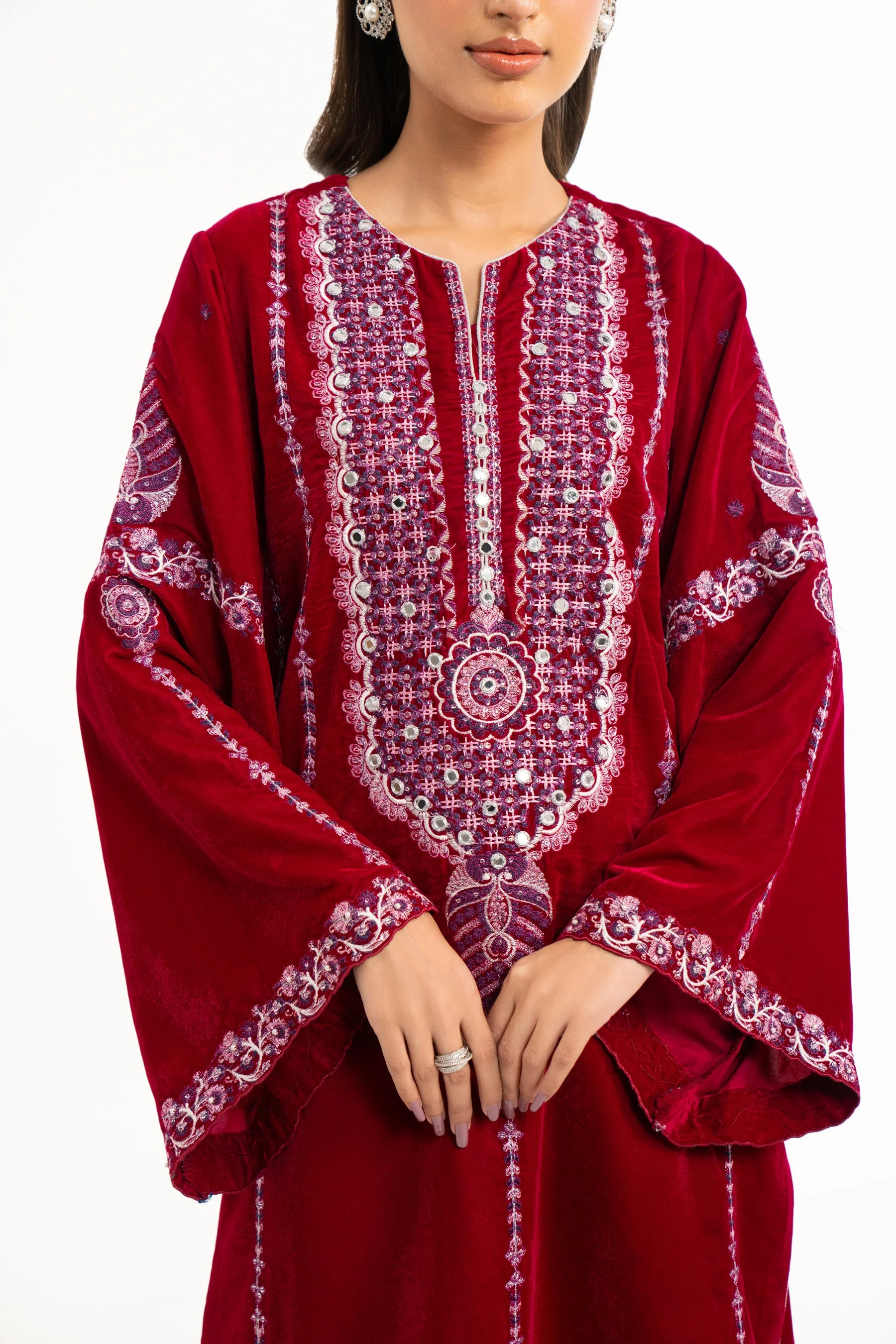 STITCHED EMBROIDERED VELVET SHIRT BOTTOM (FACTORY E-OUTLET) - Image 2